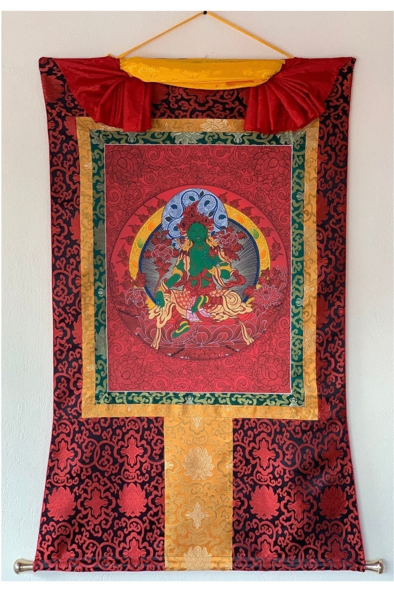 Green Tara Devine Mother Original Masterpiece High - quality Tibetan Thangka Painting with Silk Brocade - Tibetan Thangka Art