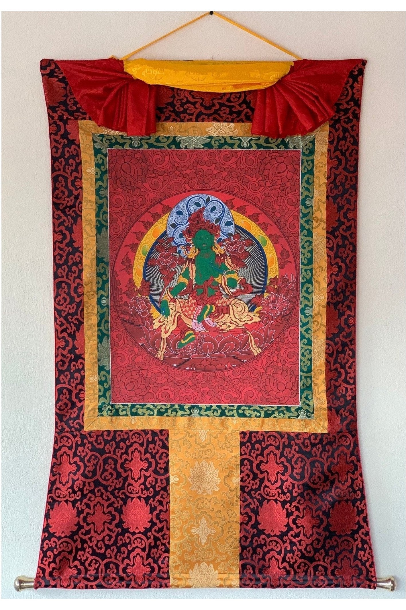 Green Tara Devine Mother Original Masterpiece High - quality Tibetan Thangka Painting with Silk Brocade - Tibetan Thangka Art