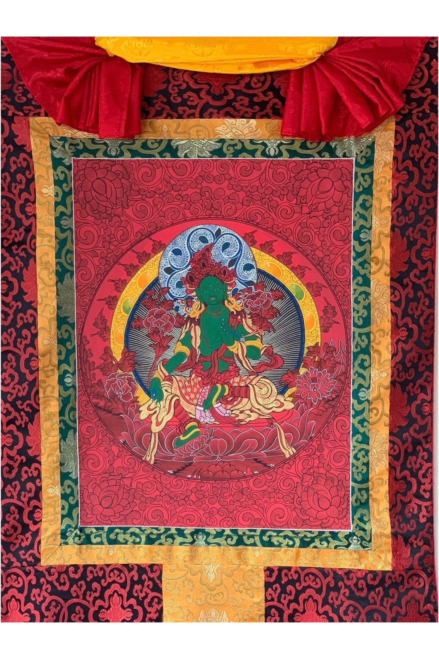 Green Tara Devine Mother Original Masterpiece High - quality Tibetan Thangka Painting with Silk Brocade - Tibetan Thangka Art