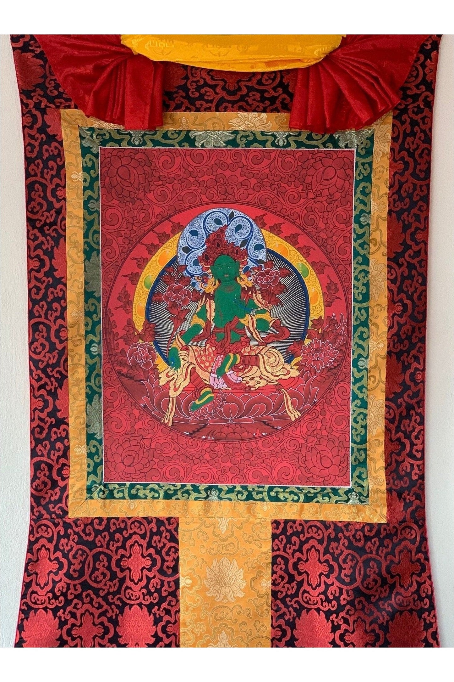 Green Tara Devine Mother Original Masterpiece High - quality Tibetan Thangka Painting with Silk Brocade - Tibetan Thangka Art