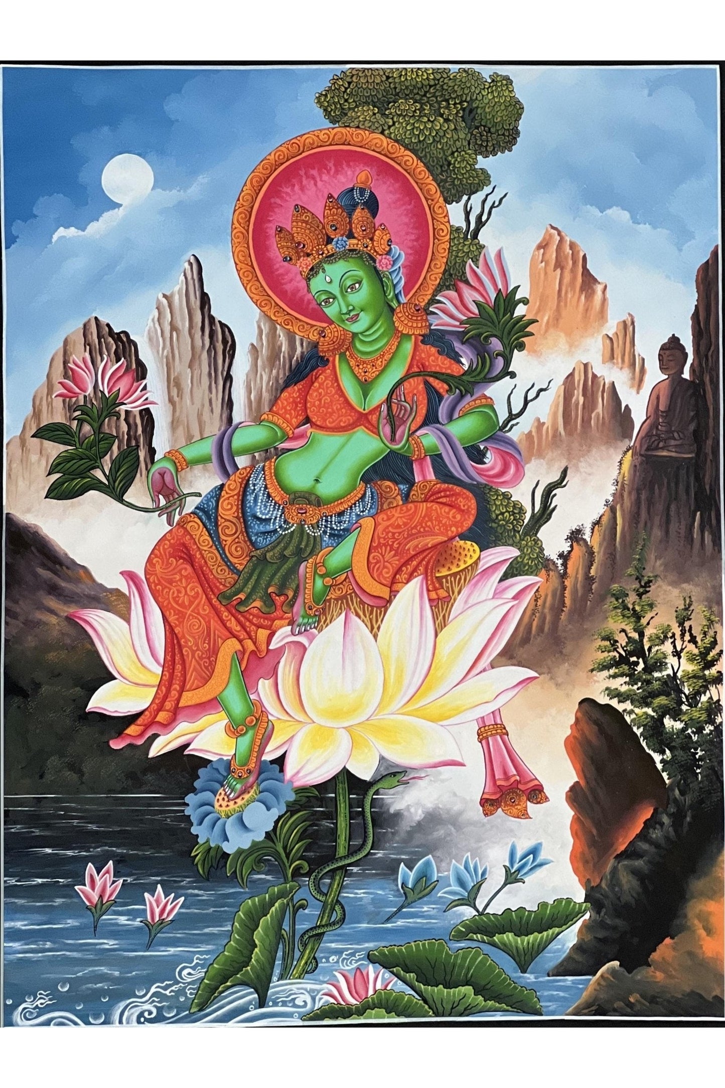Green Tara/ Divine Mother /Shyamatara Masterpiece Newari Paubha/Pauva Thangka Painting Original Hand - Painting Newari Art from Kathmandu - Tibetan Thangka Art