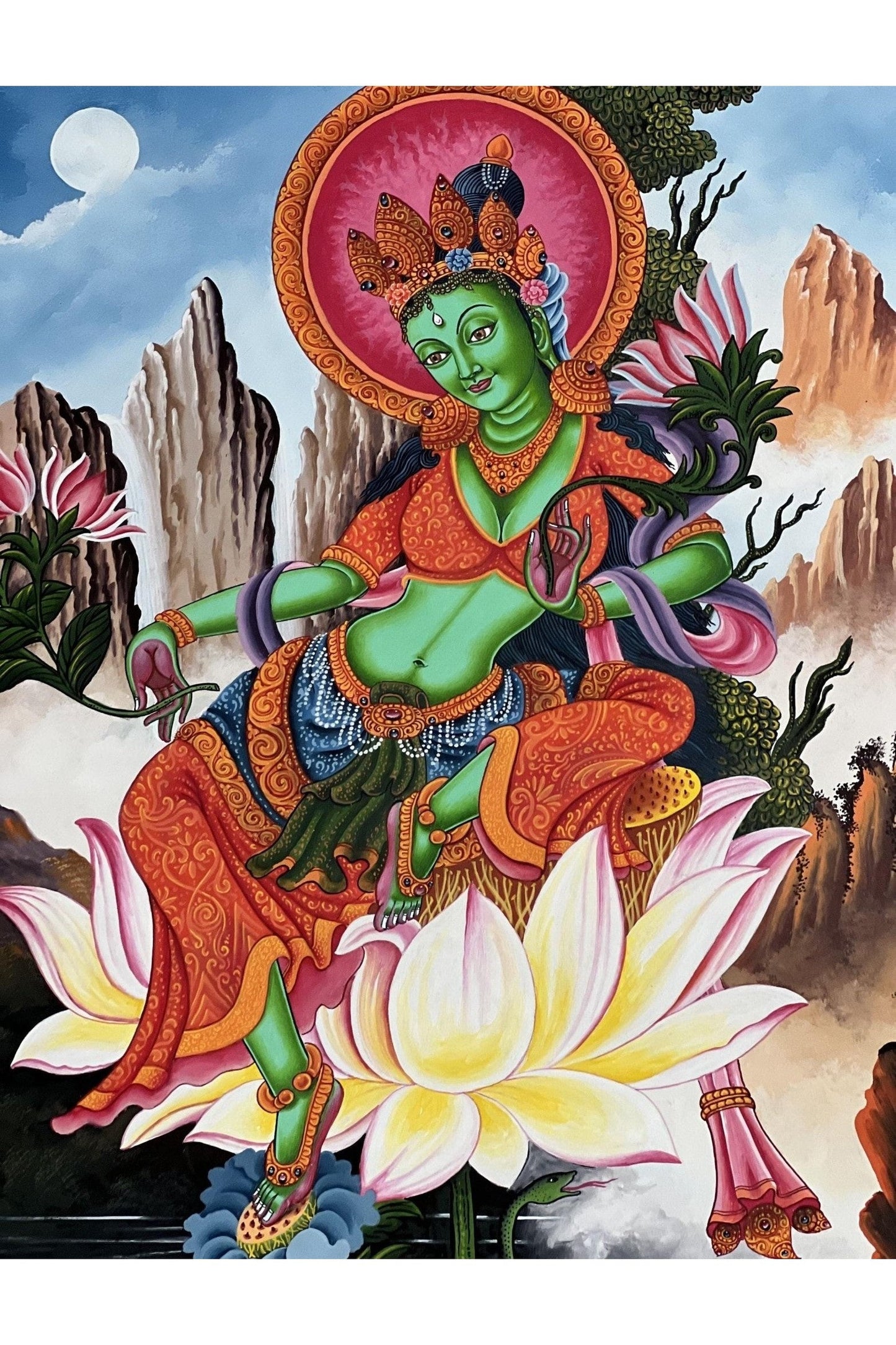 Green Tara/ Divine Mother /Shyamatara Masterpiece Newari Paubha/Pauva Thangka Painting Original Hand - Painting Newari Art from Kathmandu - Tibetan Thangka Art