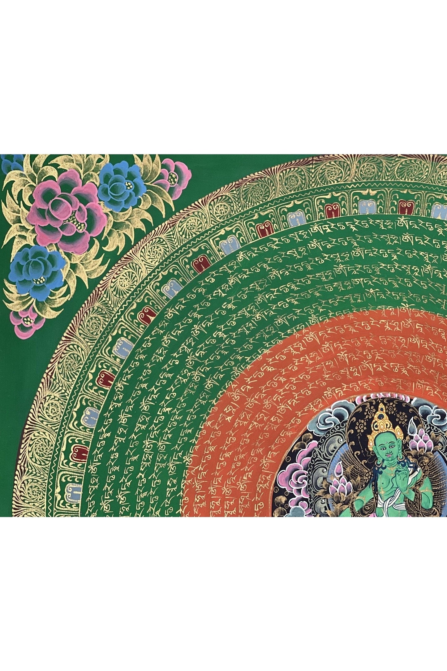 Green Tara Sacred Om Mani Padme Hum Mantra Mandala Original Masterpiece Tibetan Thangka Painting Compassion Meditation Art - Tibetan Thangka Art