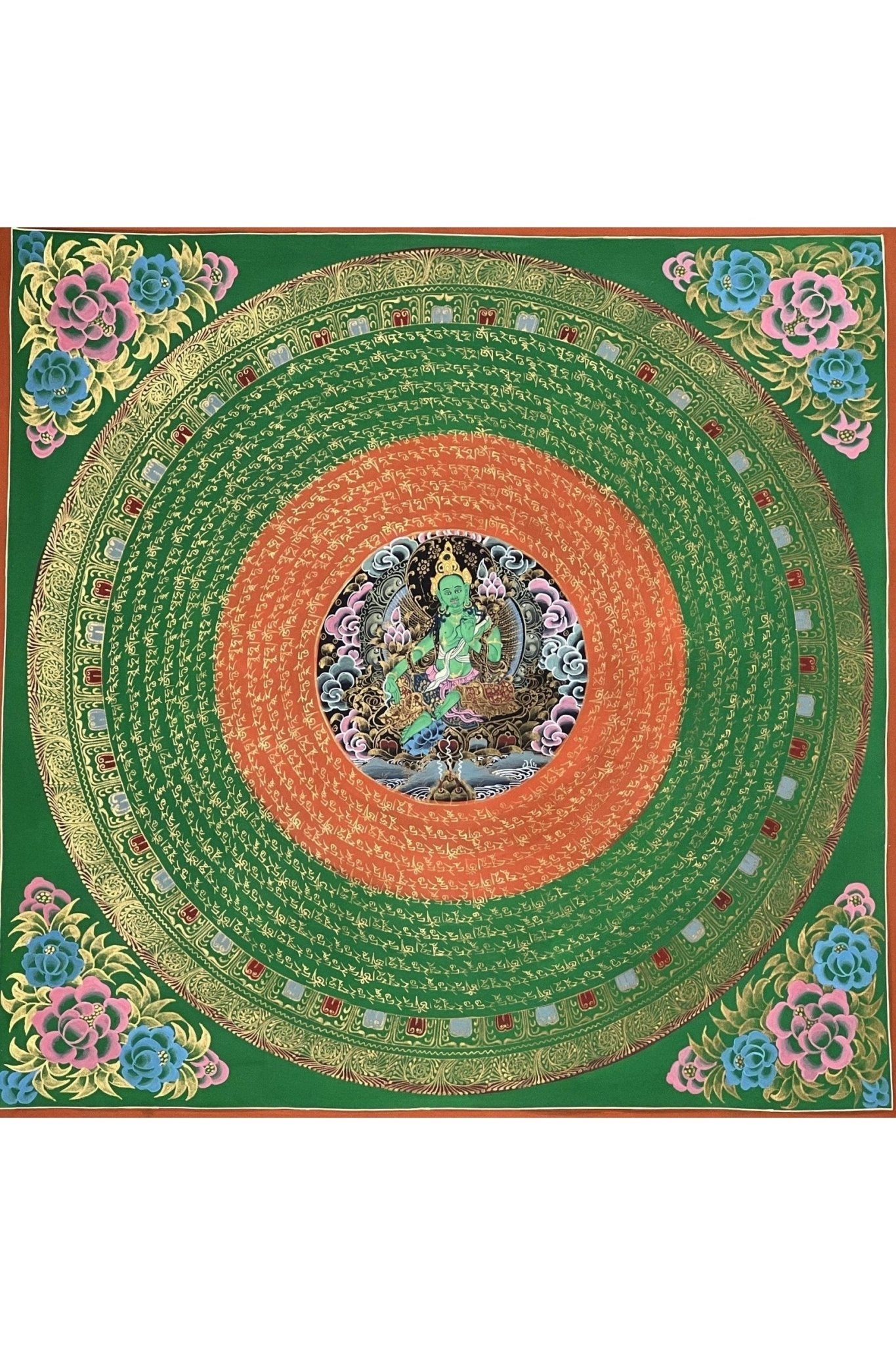 Green Tara Sacred Om Mani Padme Hum Mantra Mandala Original Masterpiece Tibetan Thangka Painting Compassion Meditation Art - Tibetan Thangka Art