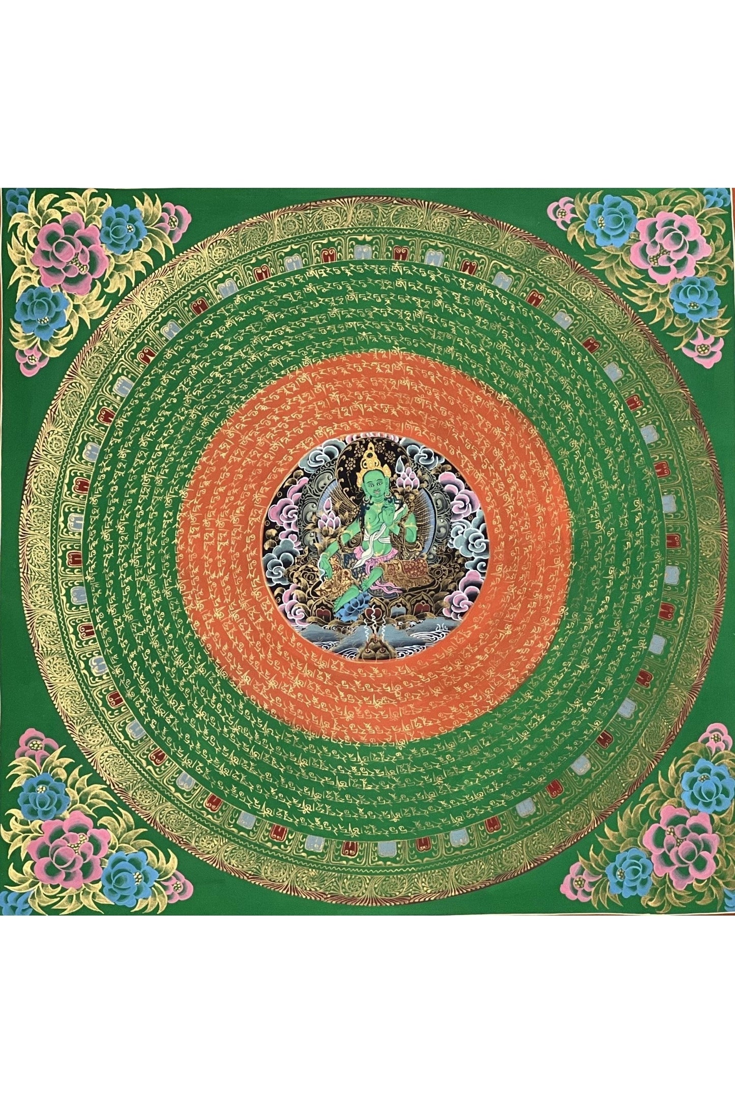 Green Tara Sacred Om Mani Padme Hum Mantra Mandala Original Masterpiece Tibetan Thangka Painting Compassion Meditation Art - Tibetan Thangka Art