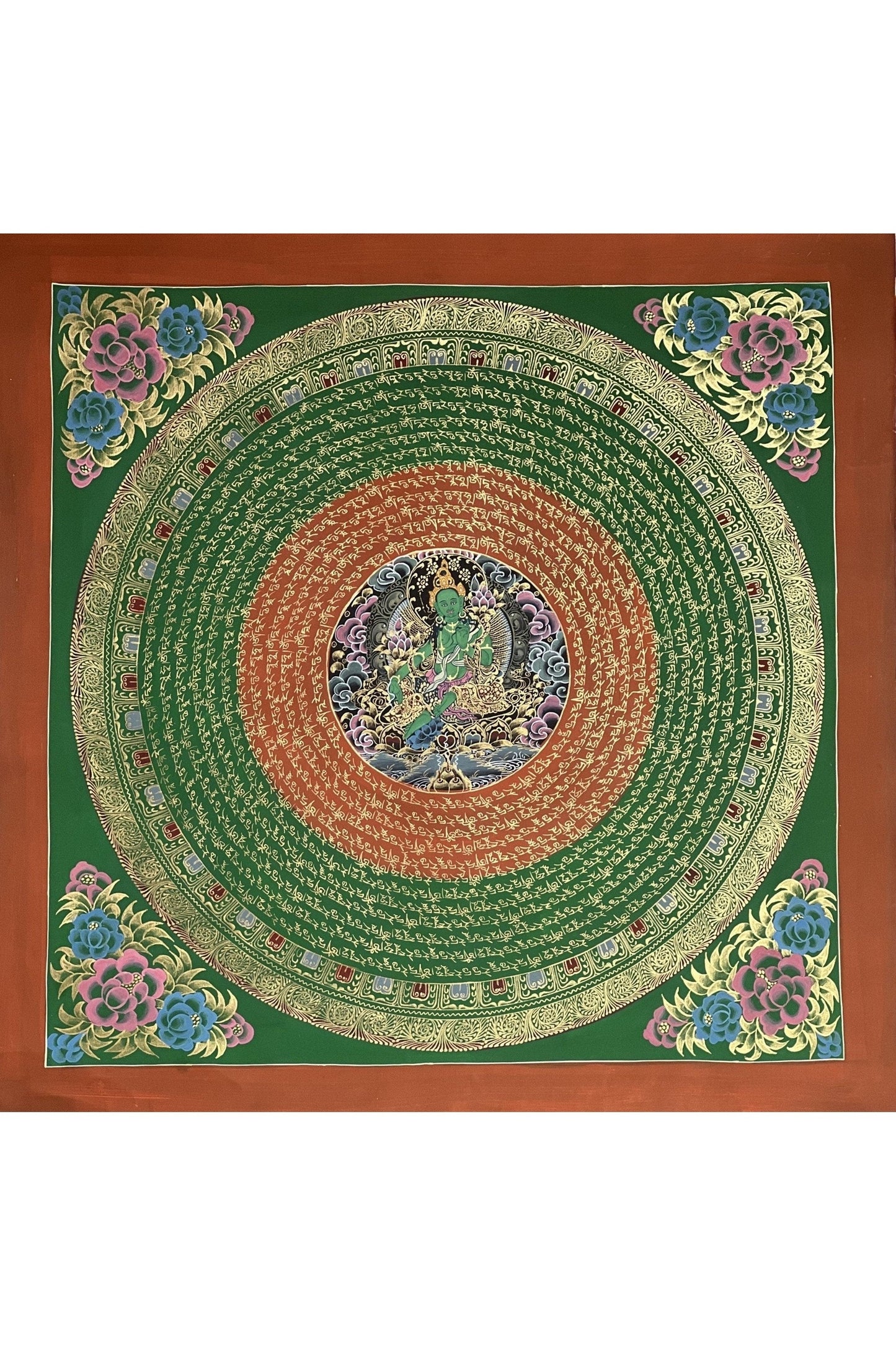 Green Tara Sacred Om Mani Padme Hum Mantra Mandala Original Masterpiece Tibetan Thangka Painting Compassion Meditation Art - Tibetan Thangka Art