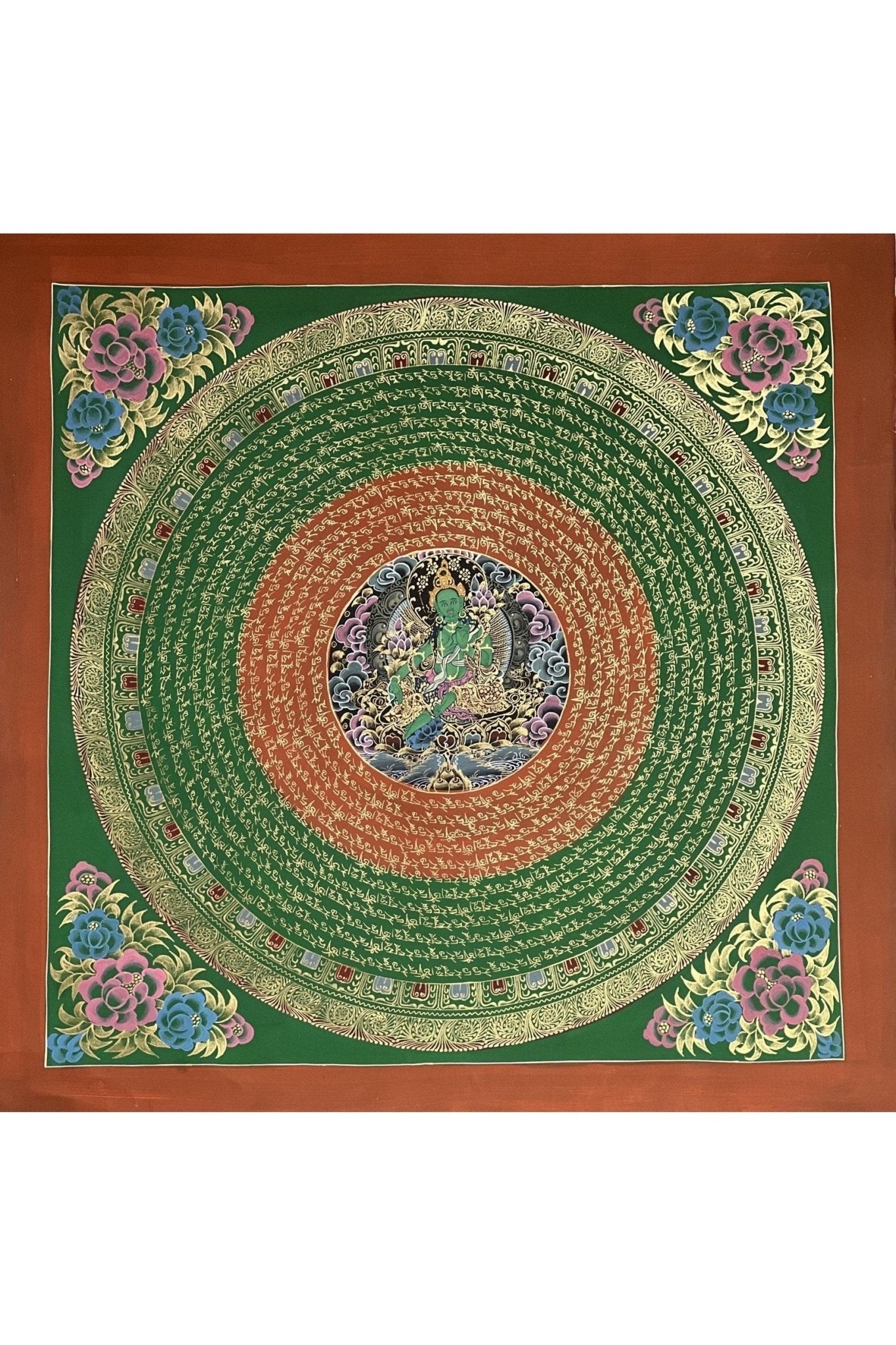 Green Tara Sacred Om Mani Padme Hum Mantra Mandala Original Masterpiece Tibetan Thangka Painting Compassion Meditation Art - Tibetan Thangka Art