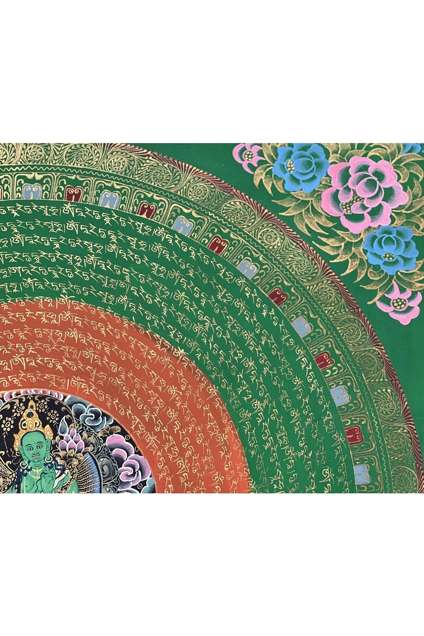 Green Tara Sacred Om Mani Padme Hum Mantra Mandala Original Masterpiece Tibetan Thangka Painting Compassion Meditation Art - Tibetan Thangka Art