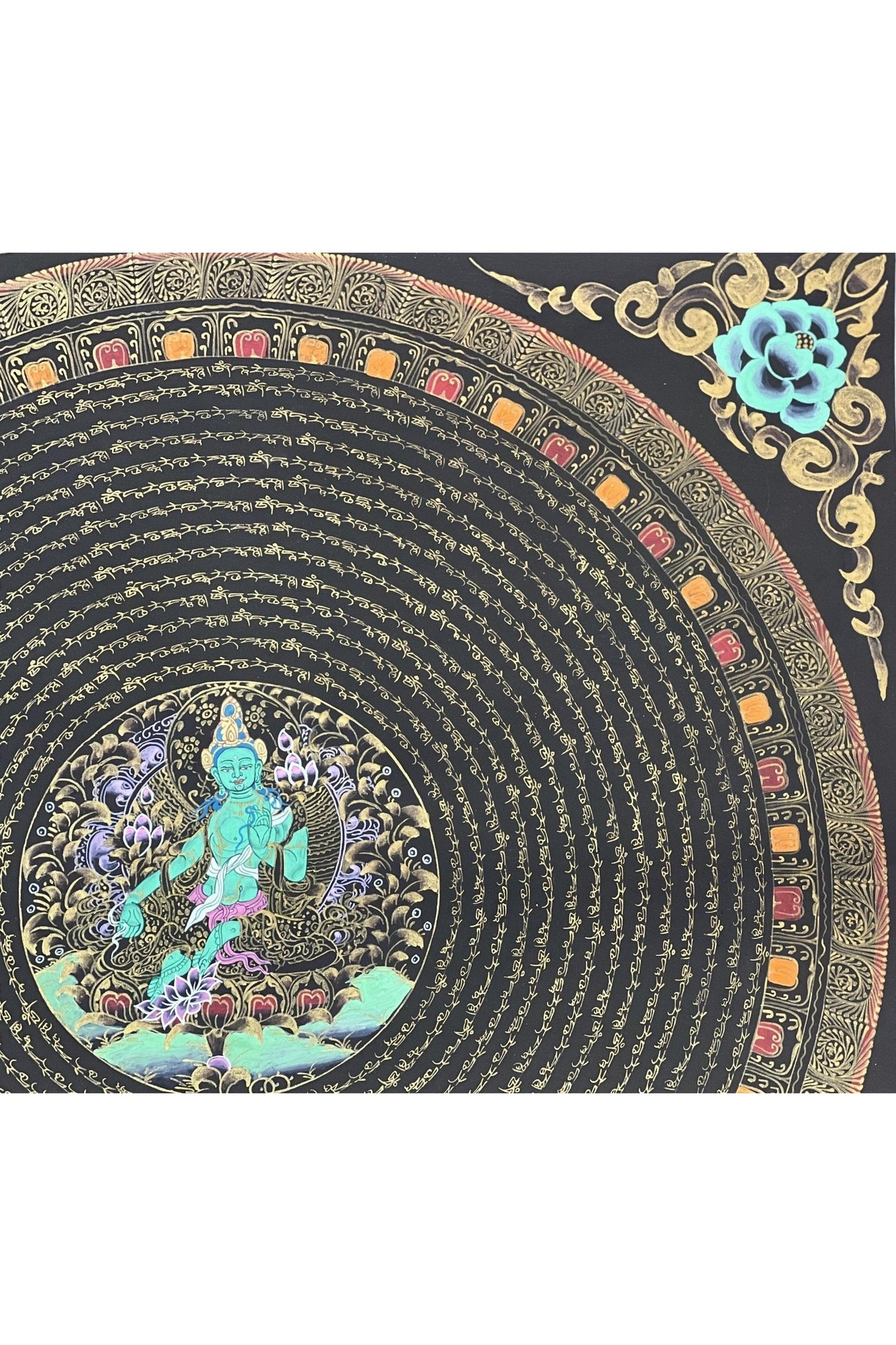 Green Tara Sacred Om Mani Padme Hum Mantra Mandala Original Tibetan Thangka Painting Compassion Meditation Art/ Wall Hanging - Tibetan Thangka Art