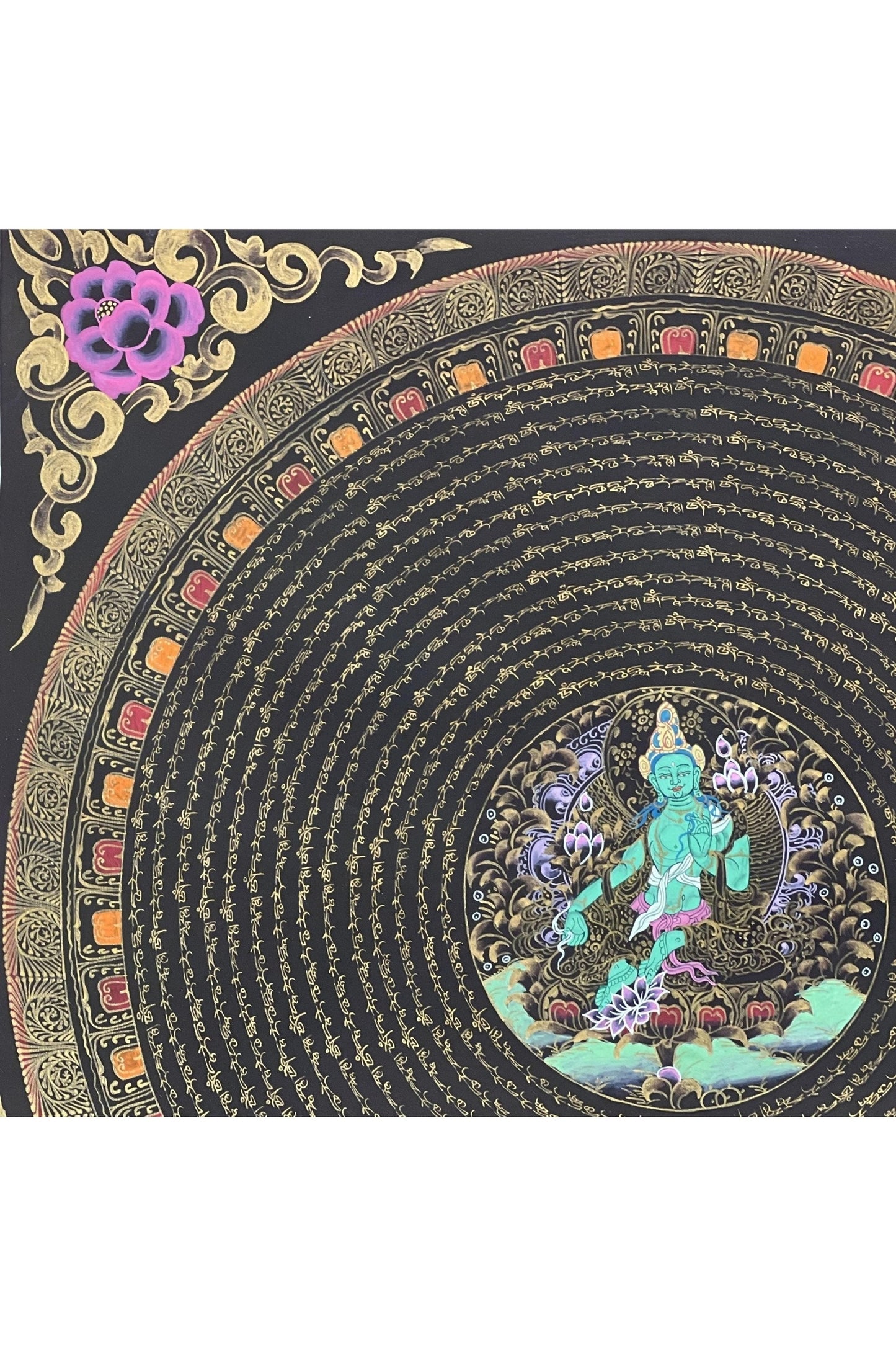 Green Tara Sacred Om Mani Padme Hum Mantra Mandala Original Tibetan Thangka Painting Compassion Meditation Art/ Wall Hanging - Tibetan Thangka Art