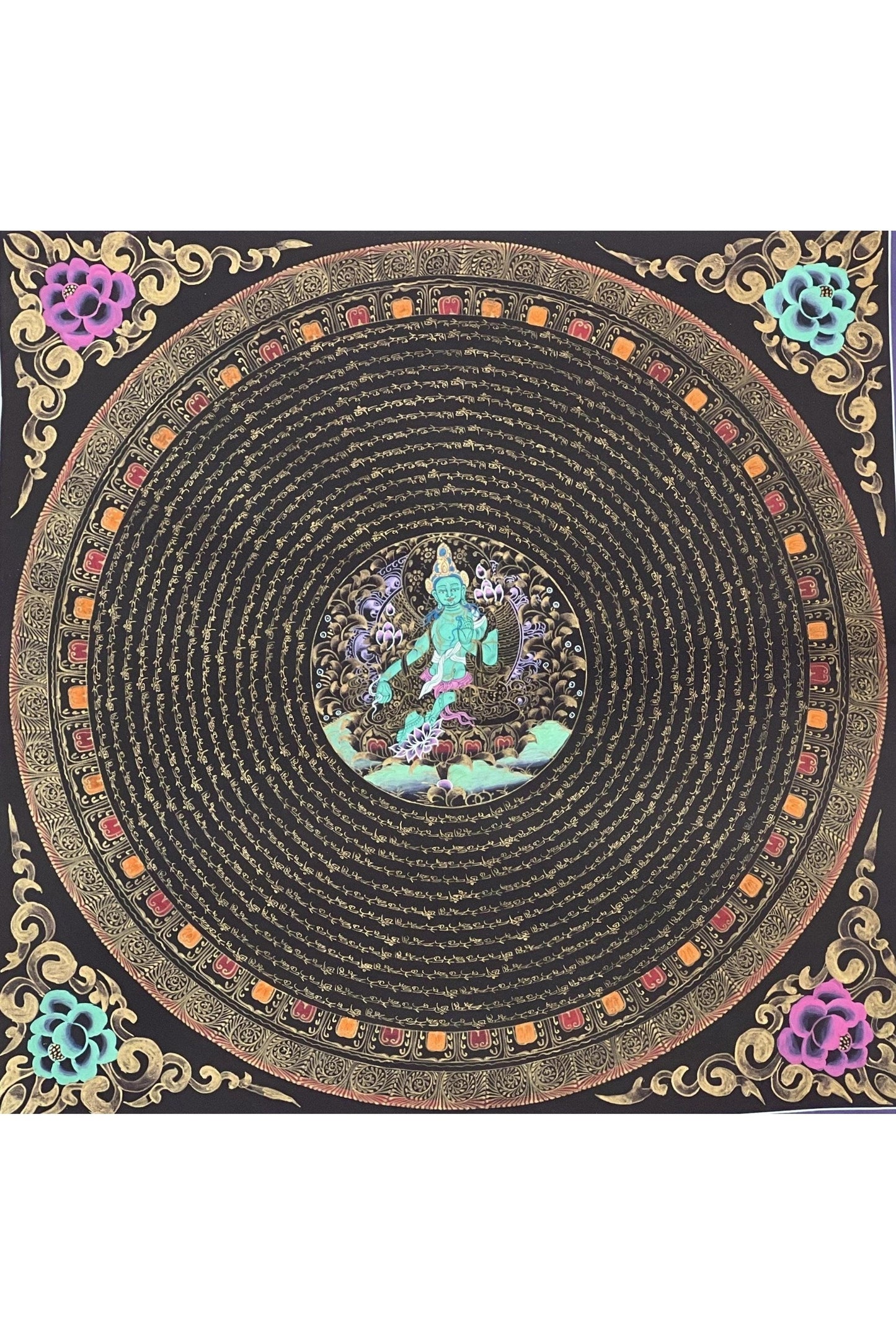 Green Tara Sacred Om Mani Padme Hum Mantra Mandala Original Tibetan Thangka Painting Compassion Meditation Art/ Wall Hanging - Tibetan Thangka Art