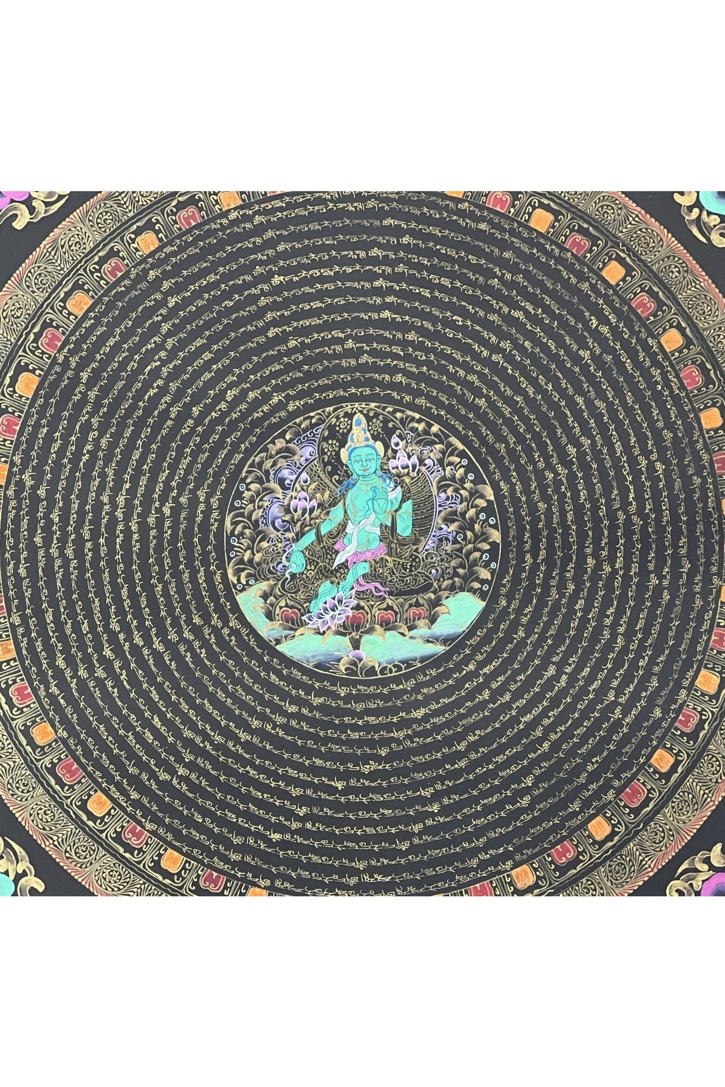 Green Tara Sacred Om Mani Padme Hum Mantra Mandala Original Tibetan Thangka Painting Compassion Meditation Art/ Wall Hanging - Tibetan Thangka Art