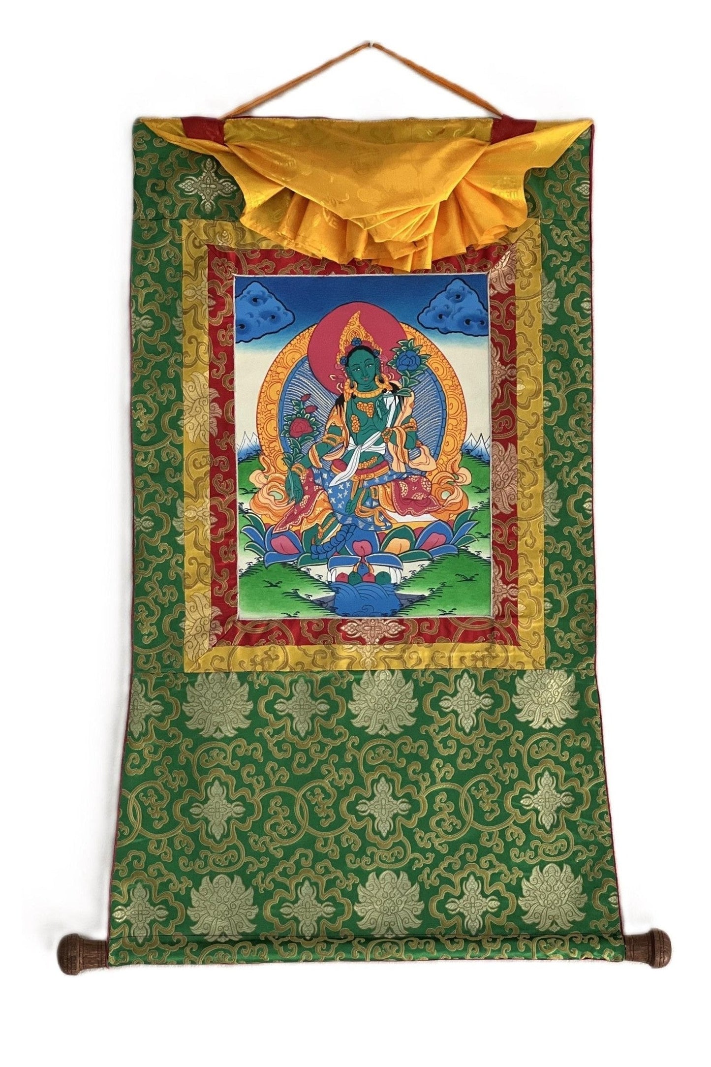 Green Tara/ Shyamatara/ Divine Mother Tibetan Thangka Painting/ Original Buddhist Meditation Art with Green Silk Brocade - Tibetan Thangka Art