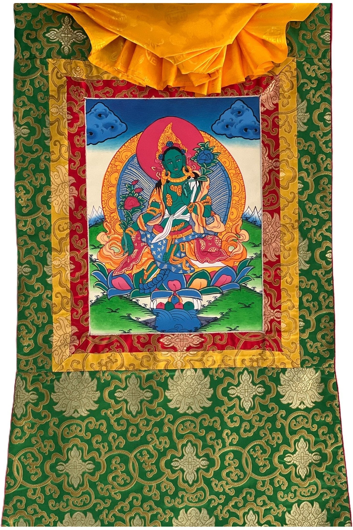 Green Tara/ Shyamatara/ Divine Mother Tibetan Thangka Painting/ Original Buddhist Meditation Art with Green Silk Brocade - Tibetan Thangka Art