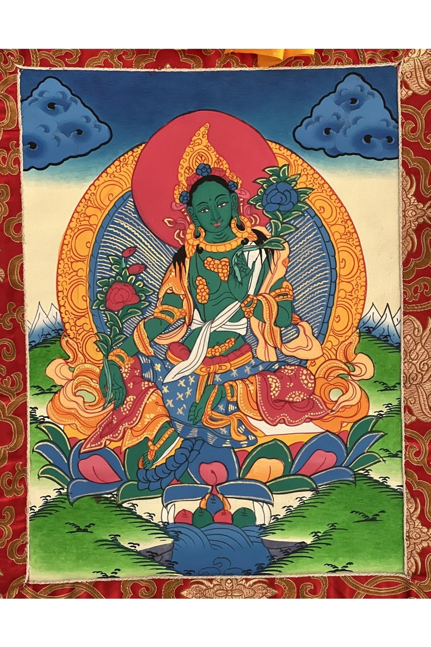 Green Tara/ Shyamatara/ Divine Mother Tibetan Thangka Painting/ Original Buddhist Meditation Art with Green Silk Brocade - Tibetan Thangka Art