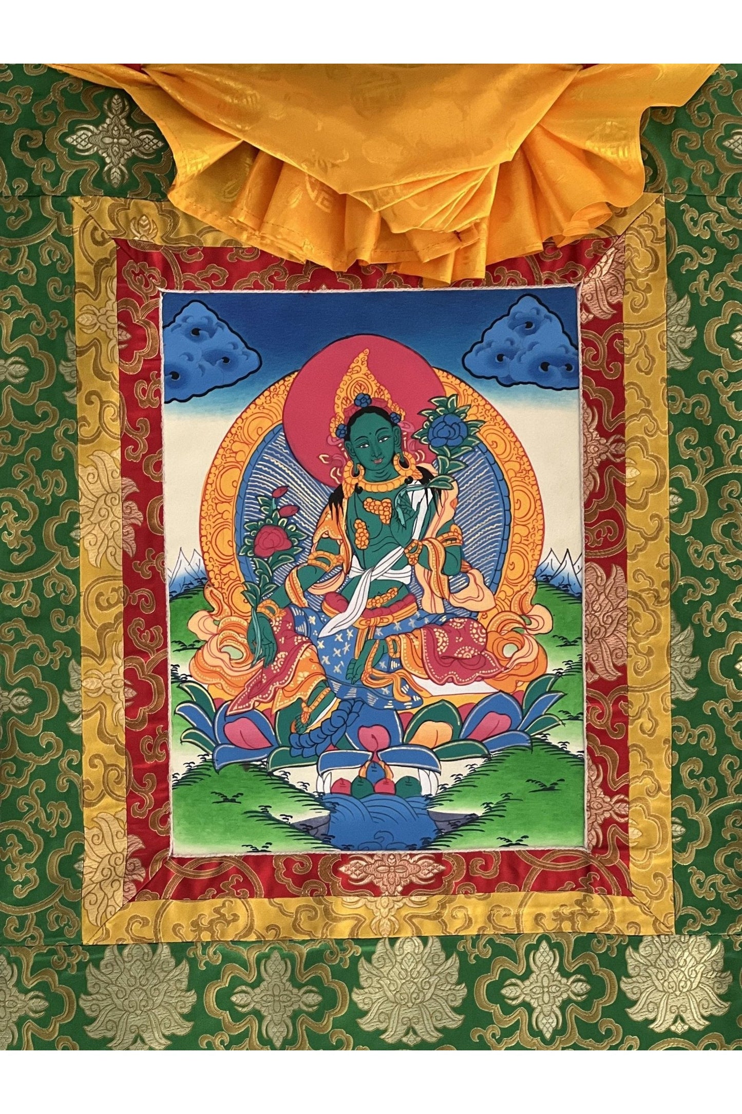 Green Tara/ Shyamatara/ Divine Mother Tibetan Thangka Painting/ Original Buddhist Meditation Art with Green Silk Brocade - Tibetan Thangka Art