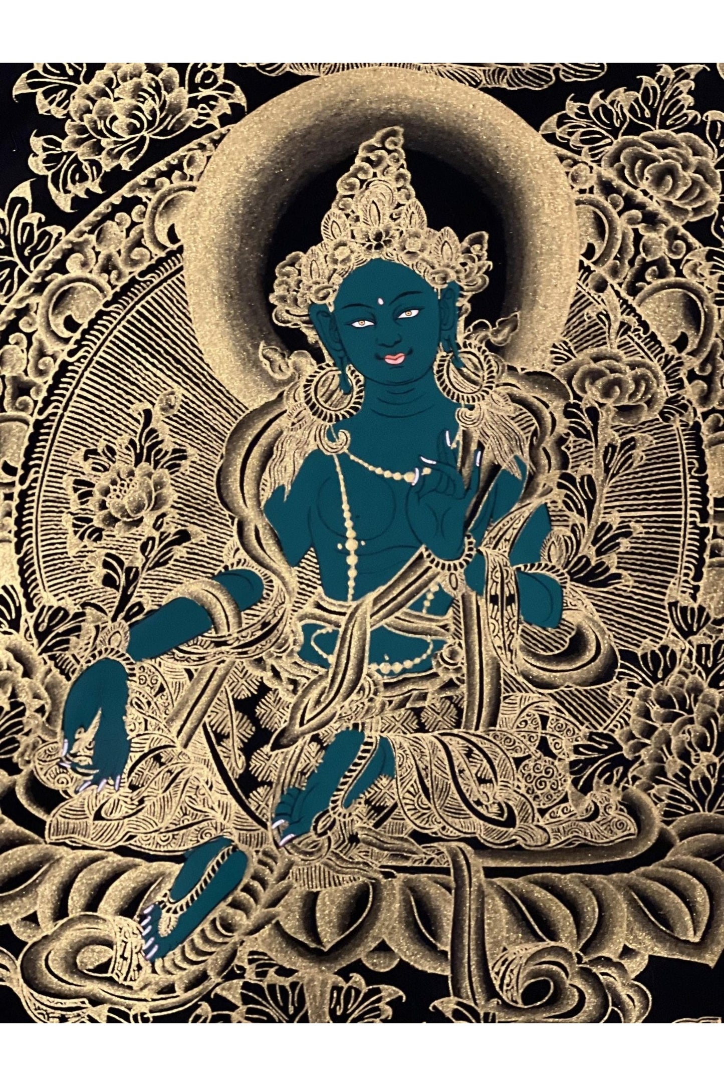 Green Tara Shyamatara Mother Goddess Master Quality Black and Gold Tibetan Thangka Painting / Original Hand - painting/ Buddhist Art - Tibetan Thangka Art