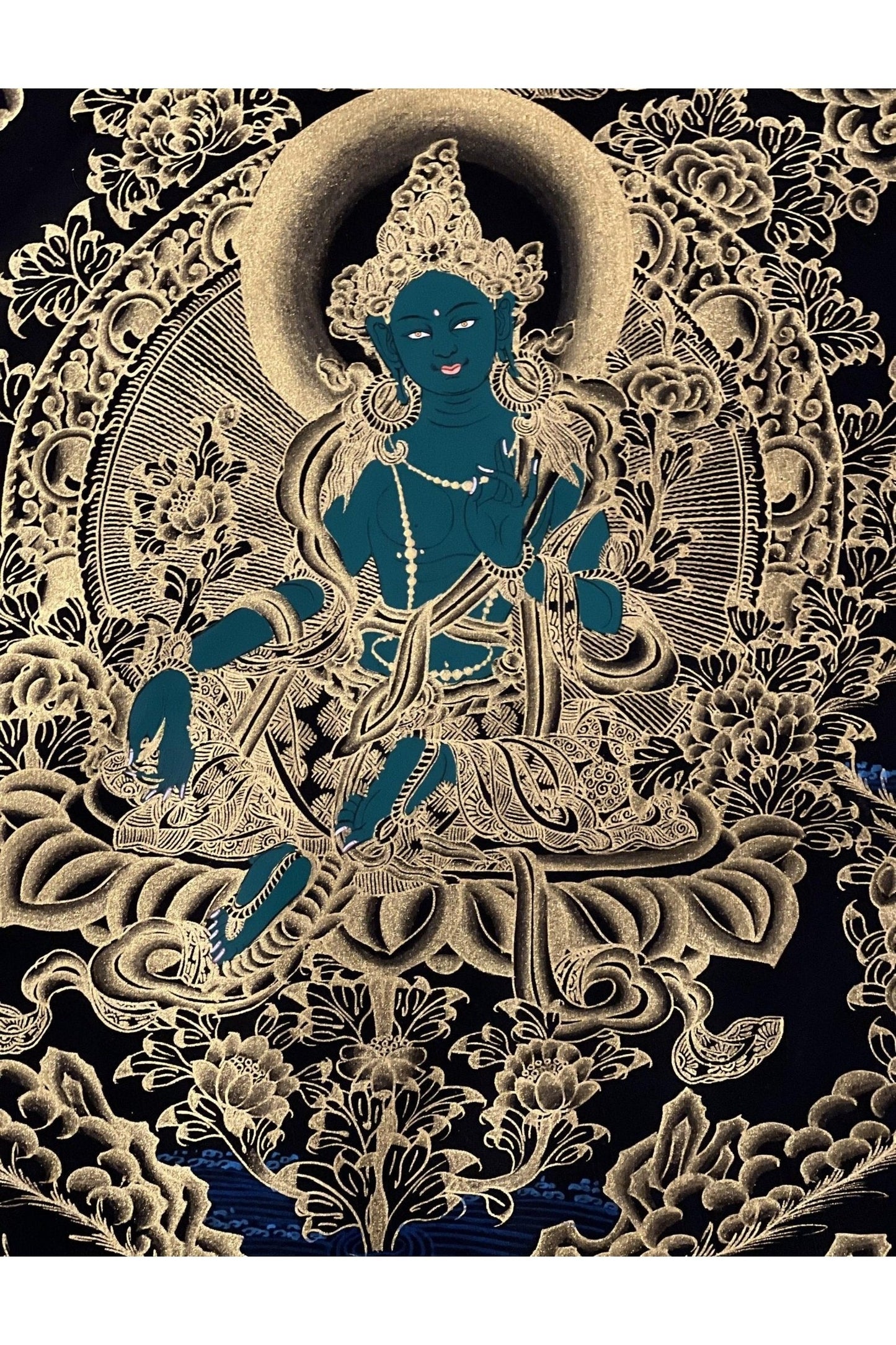 Green Tara Shyamatara Mother Goddess Master Quality Black and Gold Tibetan Thangka Painting / Original Hand - painting/ Buddhist Art - Tibetan Thangka Art