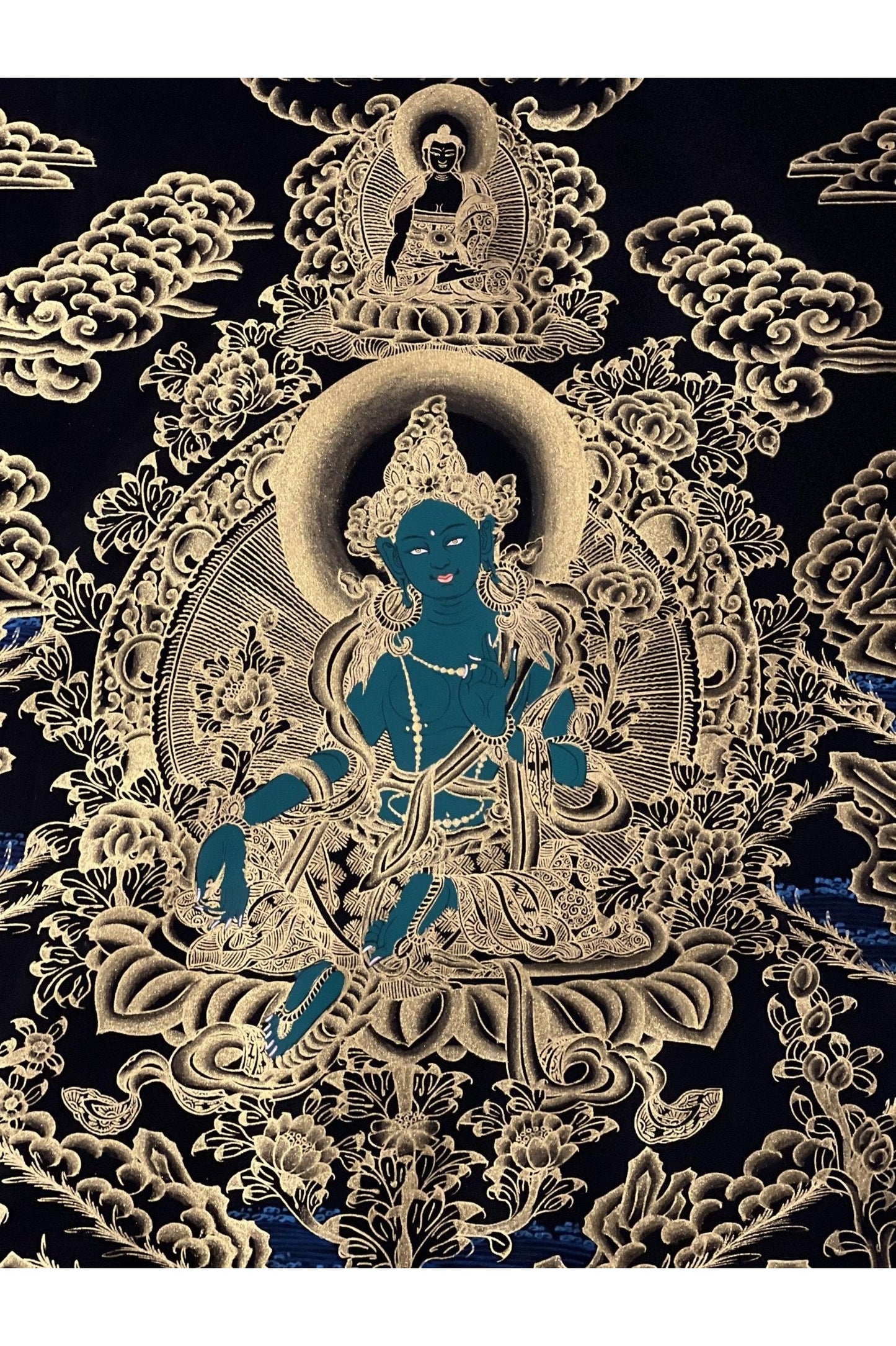 Green Tara Shyamatara Mother Goddess Master Quality Black and Gold Tibetan Thangka Painting / Original Hand - painting/ Buddhist Art - Tibetan Thangka Art