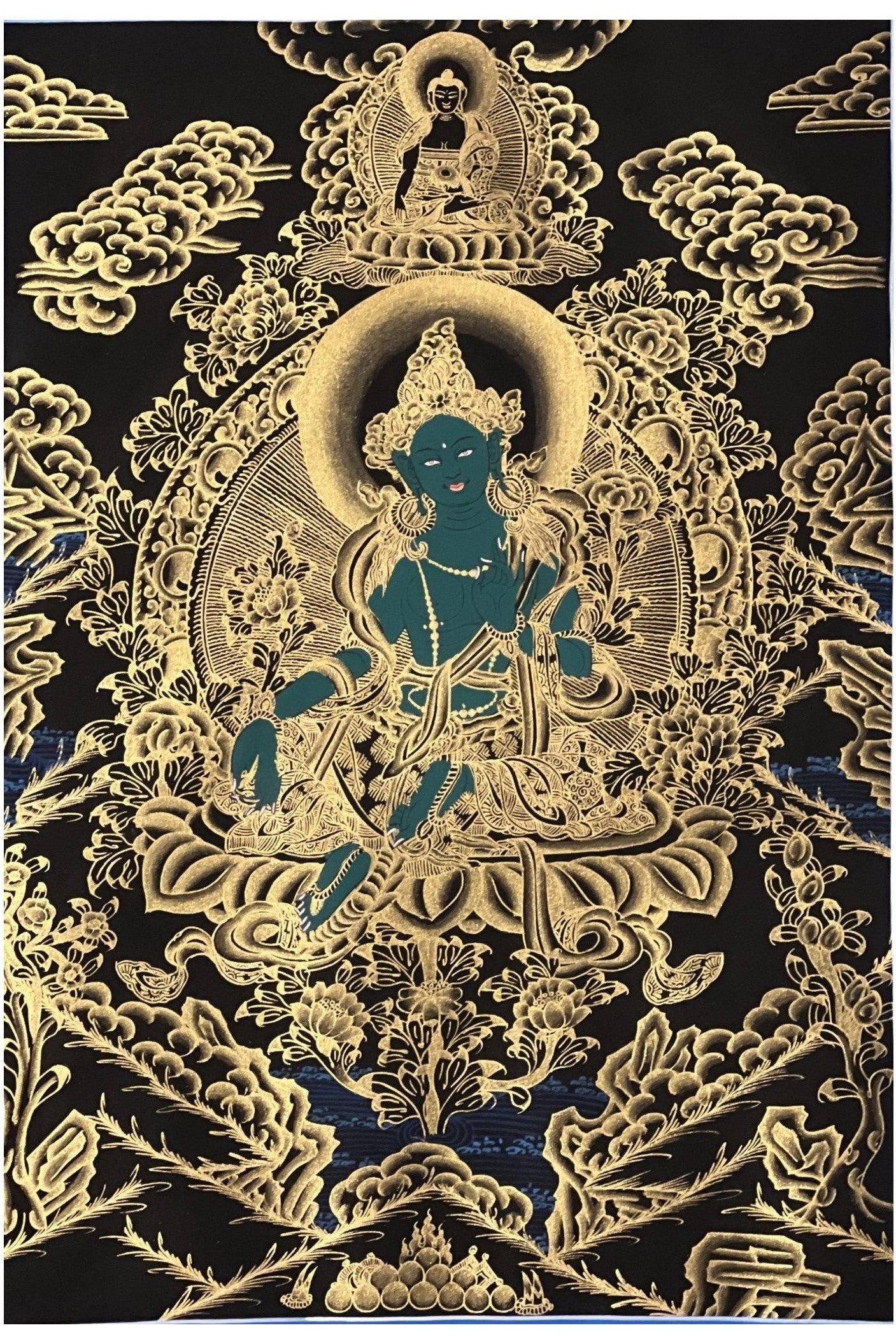 Green Tara Shyamatara Mother Goddess Master Quality Black and Gold Tibetan Thangka Painting / Original Hand - painting/ Buddhist Art - Tibetan Thangka Art