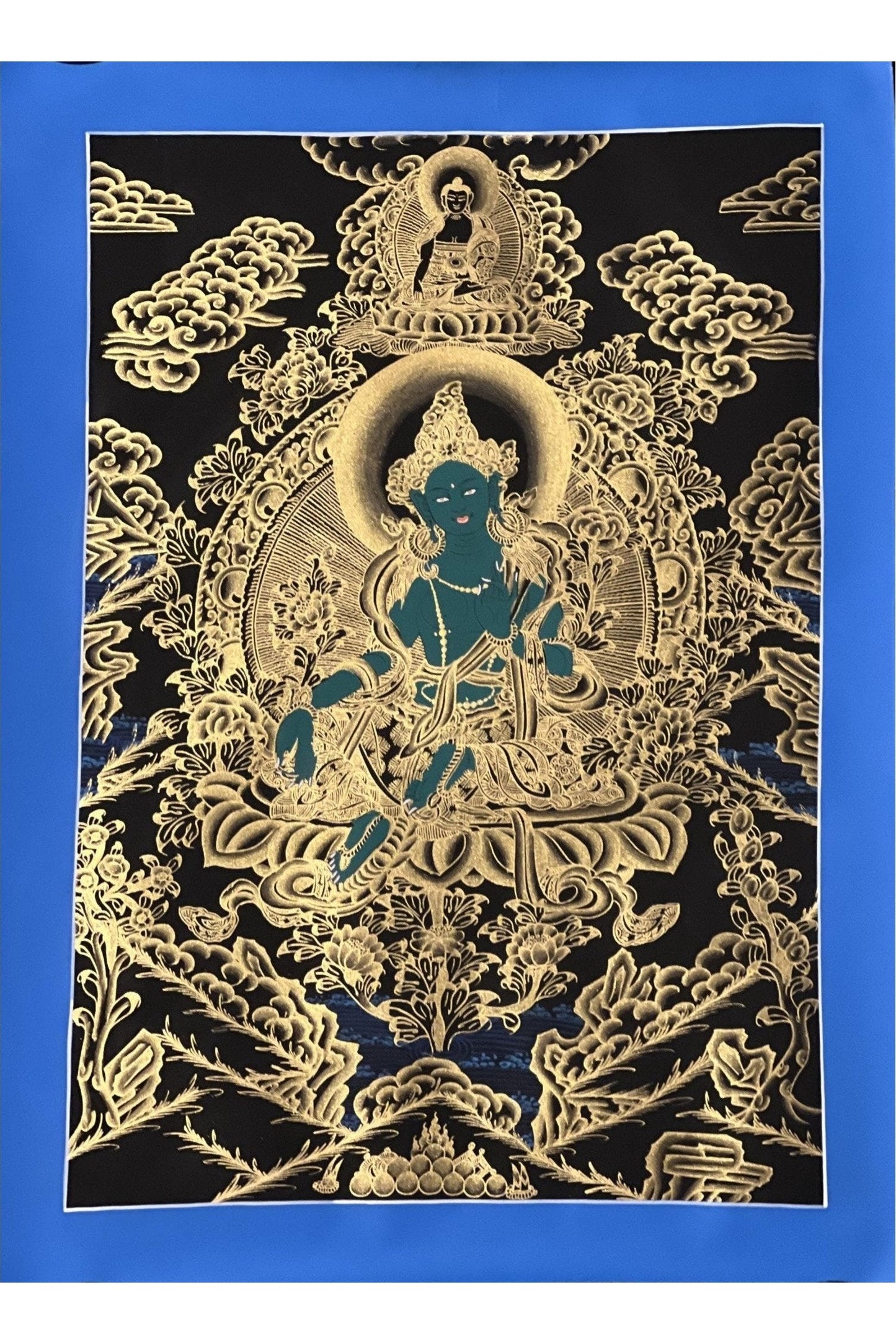 Green Tara Shyamatara Mother Goddess Master Quality Black and Gold Tibetan Thangka Painting / Original Hand - painting/ Buddhist Art - Tibetan Thangka Art