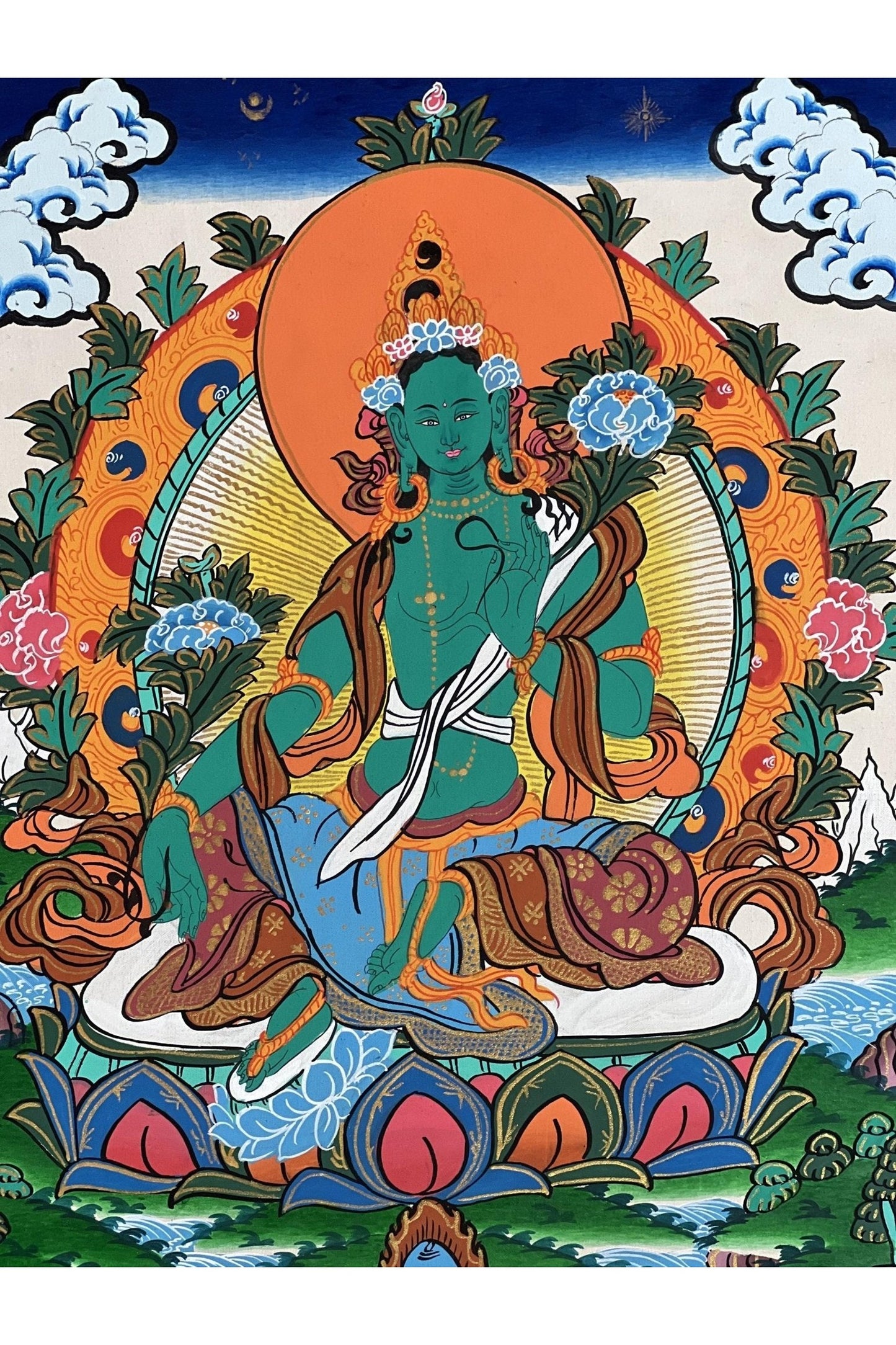 Green Tara/ Shyamatara/ Mother Goddess Master Quality Tibetan Thangka Painting Original Buddhist Meditation Art with Silk Brocade - Tibetan Thangka Art