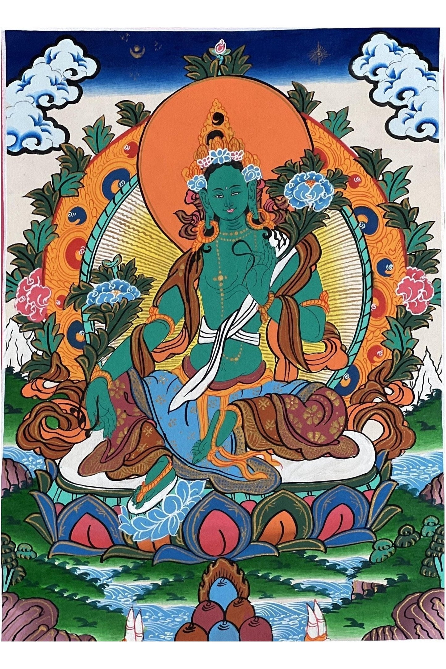 Green Tara/ Shyamatara/ Mother Goddess Master Quality Tibetan Thangka Painting Original Buddhist Meditation Art with Silk Brocade - Tibetan Thangka Art