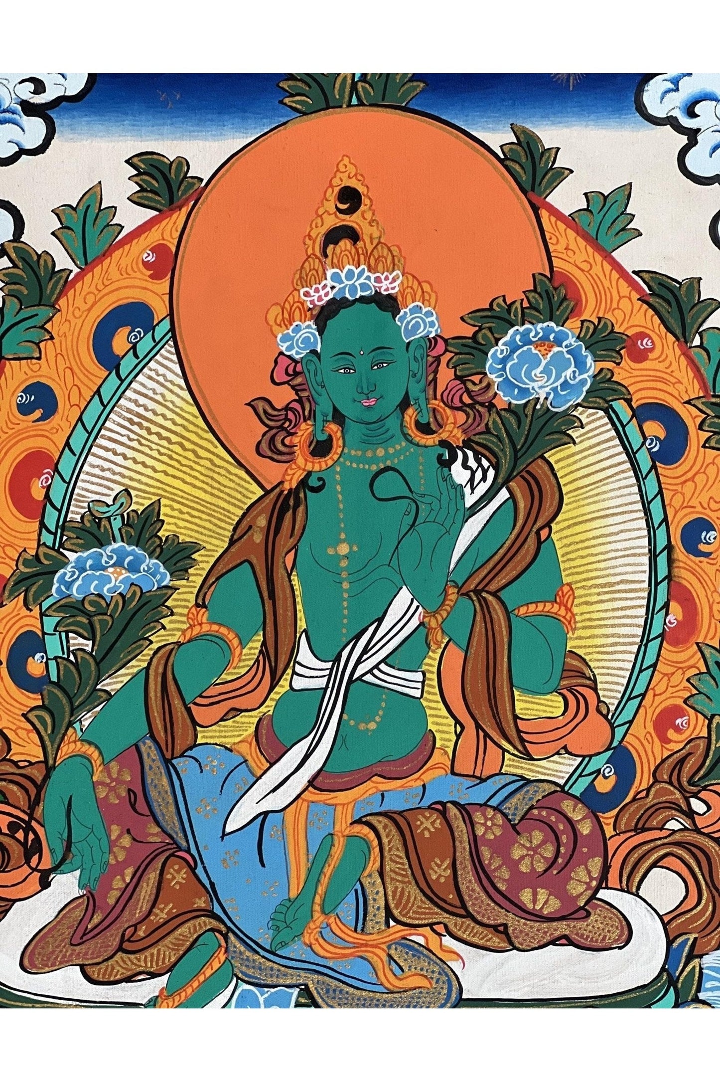 Green Tara/ Shyamatara/ Mother Goddess Master Quality Tibetan Thangka Painting Original Buddhist Meditation Art with Silk Brocade - Tibetan Thangka Art