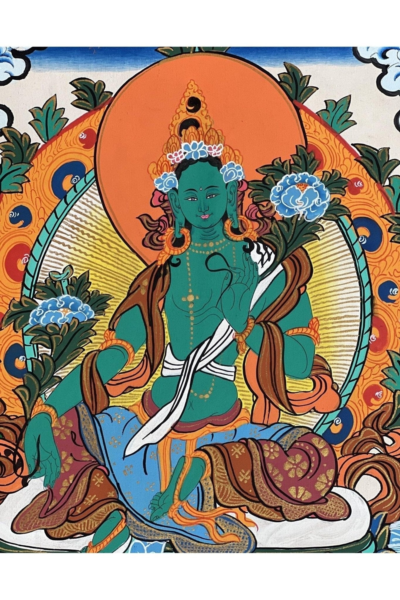 Green Tara/ Shyamatara/ Mother Goddess Master Quality Tibetan Thangka Painting Original Buddhist Meditation Art with Silk Brocade - Tibetan Thangka Art