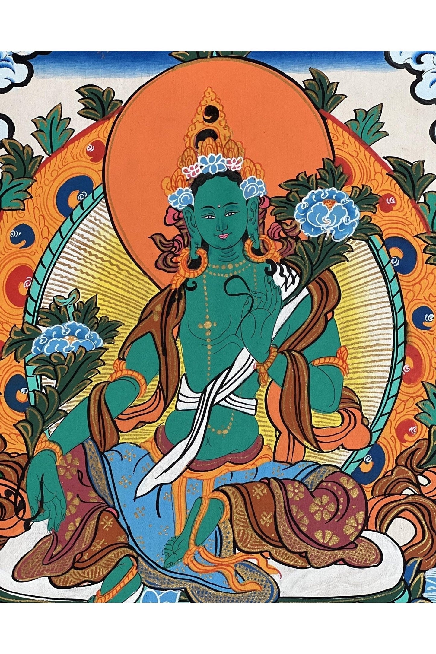 Green Tara/ Shyamatara/ Mother Goddess Master Quality Tibetan Thangka Painting Original Buddhist Meditation Art with Silk Brocade - Tibetan Thangka Art