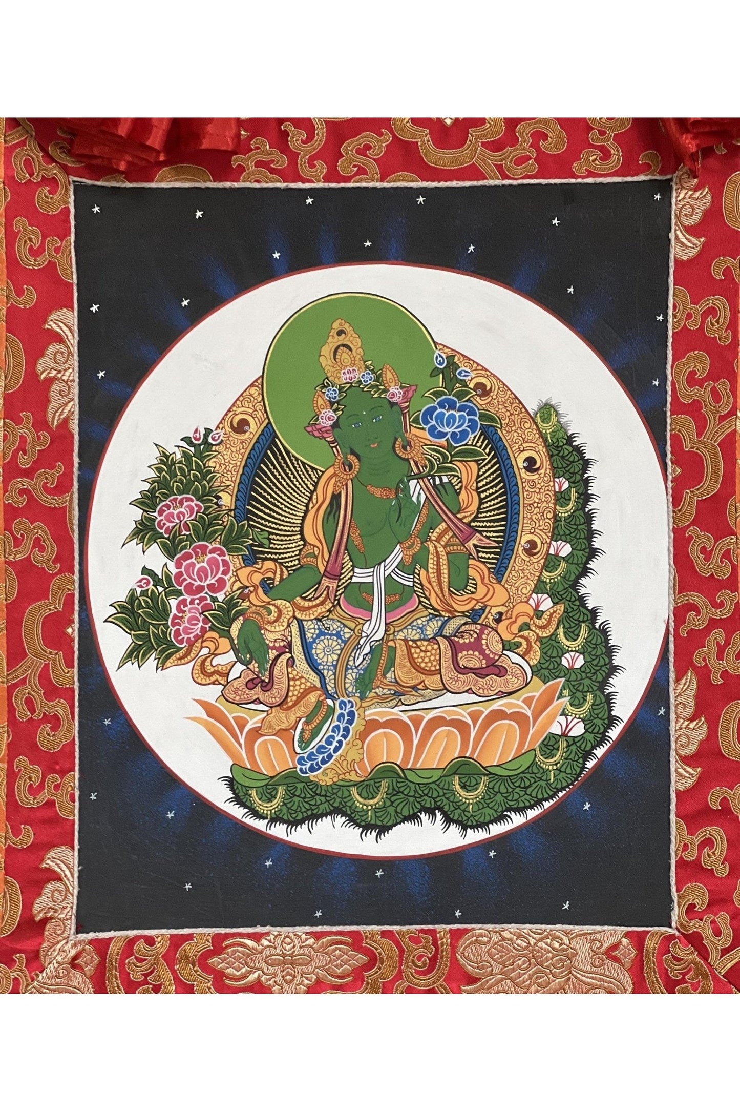 Green Tara/ Shyamatara/Tibetan Thangka Painting Original Hand - painted Meditation Healing Art with Silk Brocade - Tibetan Thangka Art
