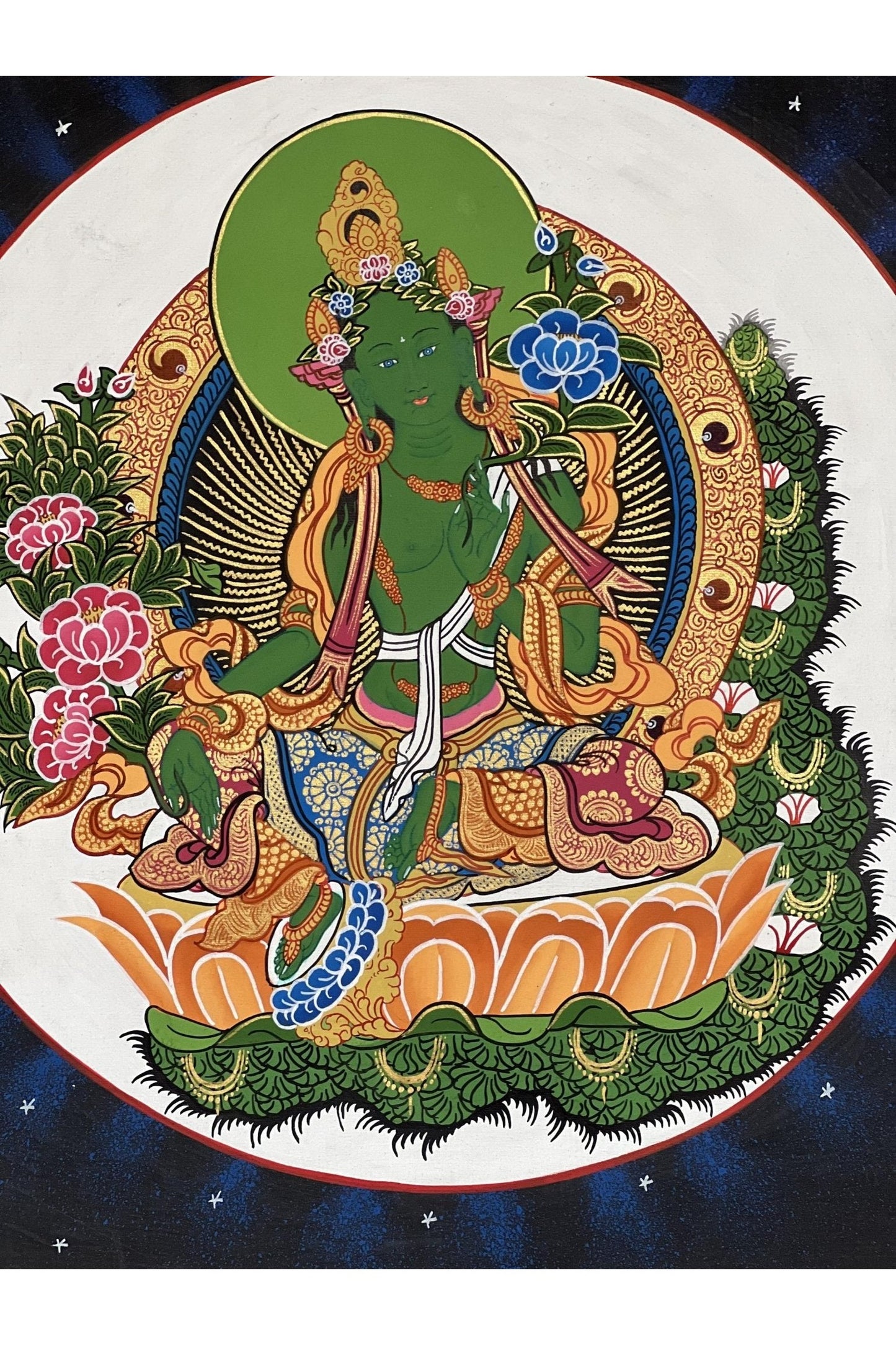 Green Tara/ Shyamatara/Tibetan Thangka Painting Original Hand - painted Meditation Healing Art with Silk Brocade - Tibetan Thangka Art