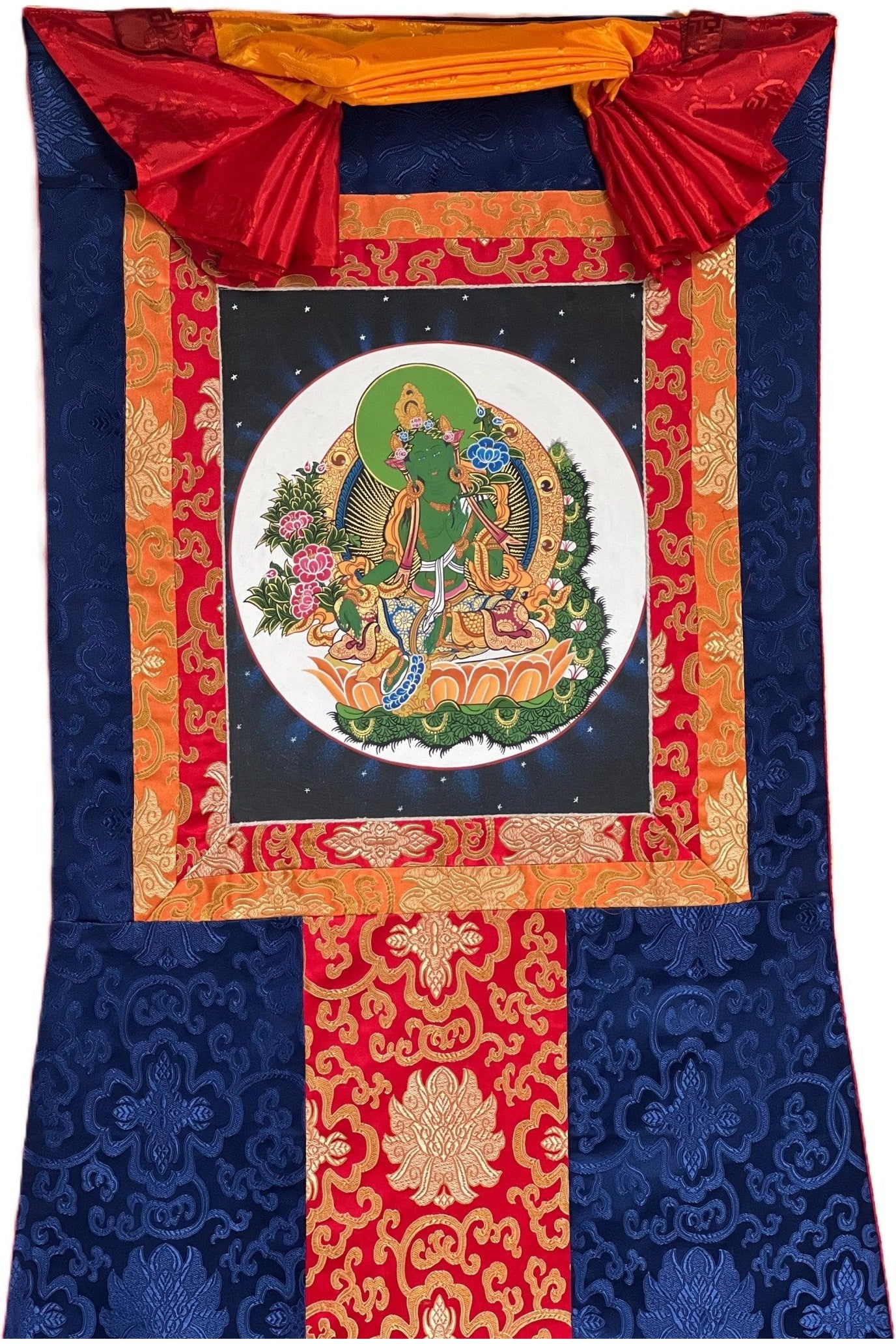 Green Tara/ Shyamatara/Tibetan Thangka Painting Original Hand - painted Meditation Healing Art with Silk Brocade - Tibetan Thangka Art