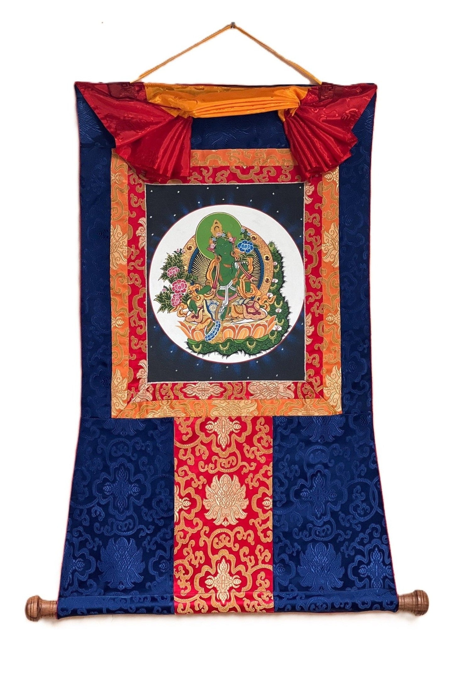 Green Tara/ Shyamatara/Tibetan Thangka Painting Original Hand - painted Meditation Healing Art with Silk Brocade - Tibetan Thangka Art
