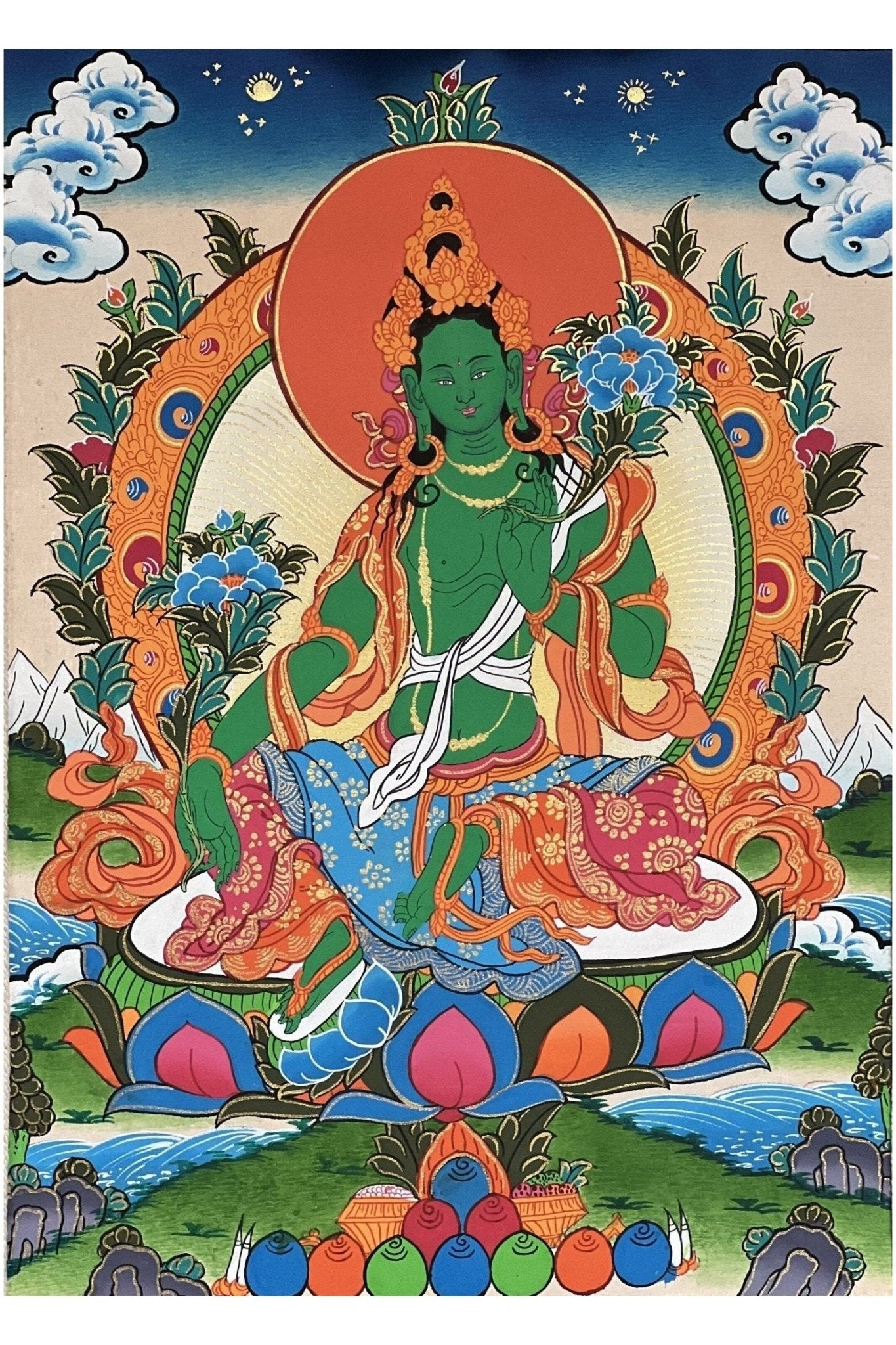 Green Tara/Mother Goddess Original Tibetan Thangka Painting/ Buddhist Meditation Art with Premium Silk Brocade - Tibetan Thangka Art