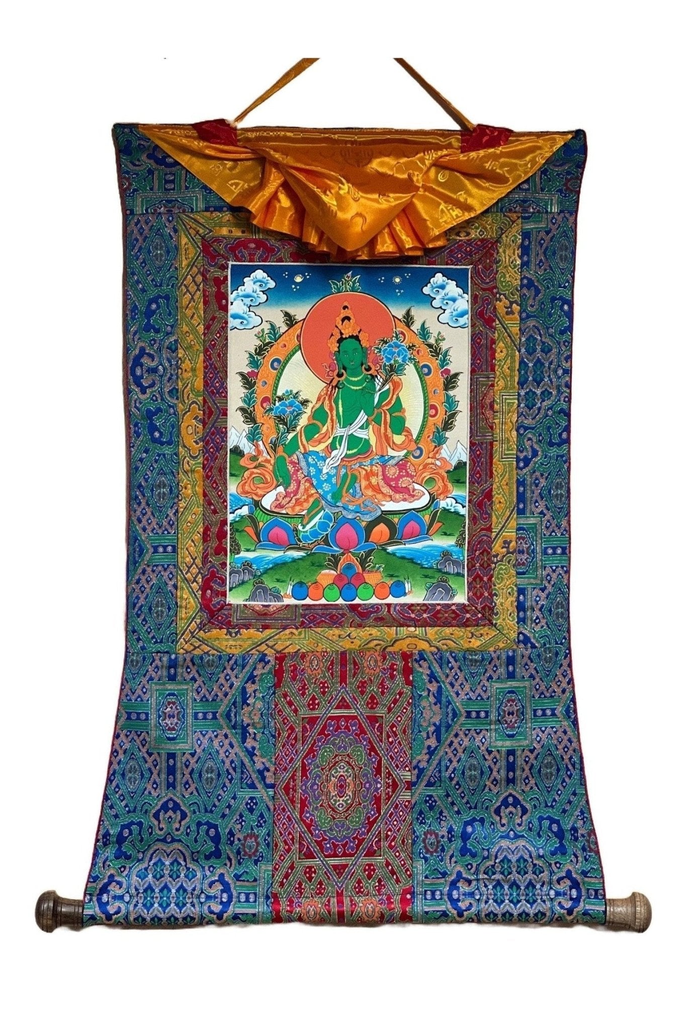 Green Tara/Mother Goddess Original Tibetan Thangka Painting/ Buddhist Meditation Art with Premium Silk Brocade - Tibetan Thangka Art