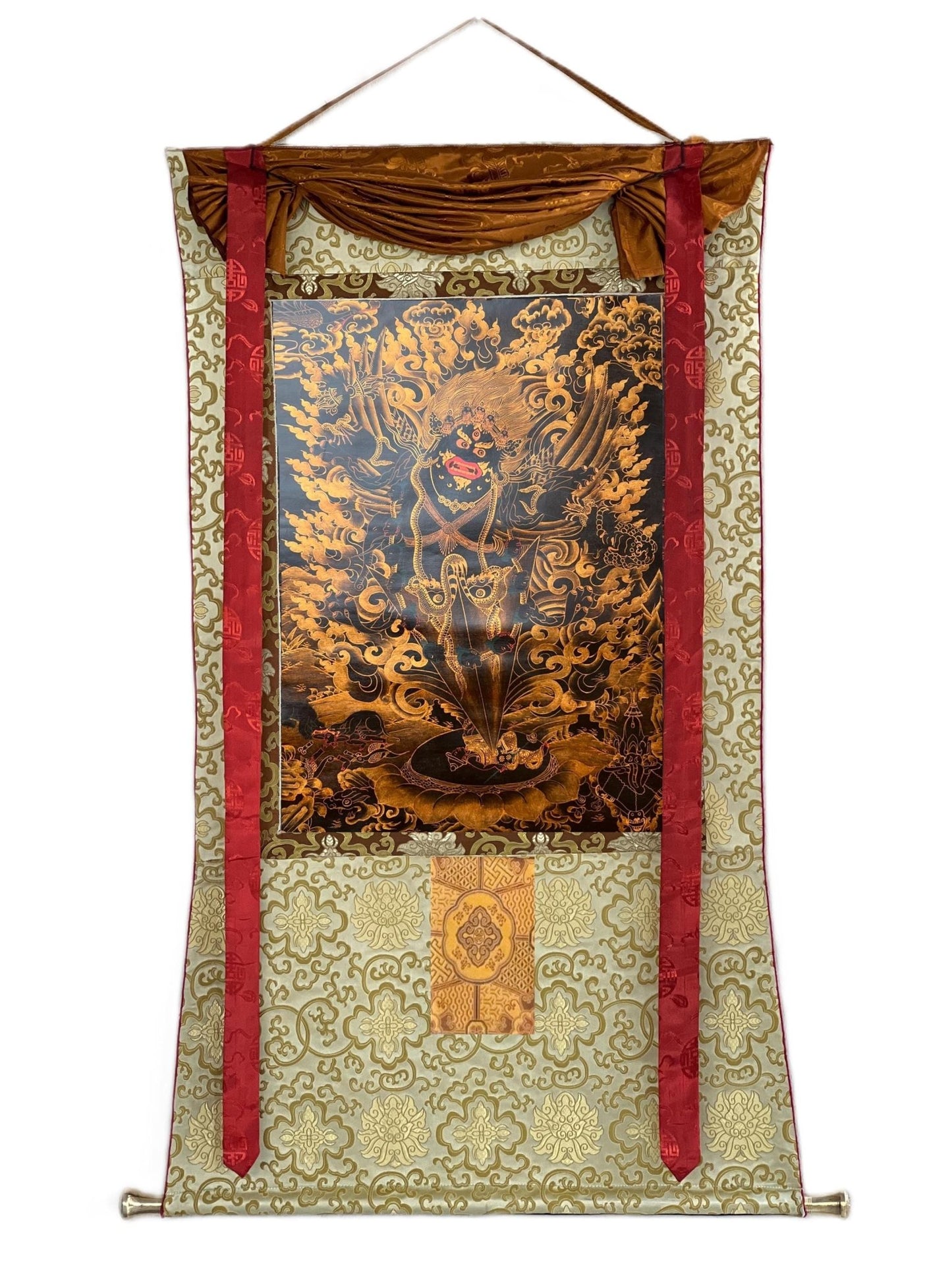Guru Dragpur/Dragpo/ Vajra Armor Practice Nyingma Tradition Original Hand - painted Oil Varnished Tibetan Thangka Painting with Silk Brocade - Tibetan Thangka Art