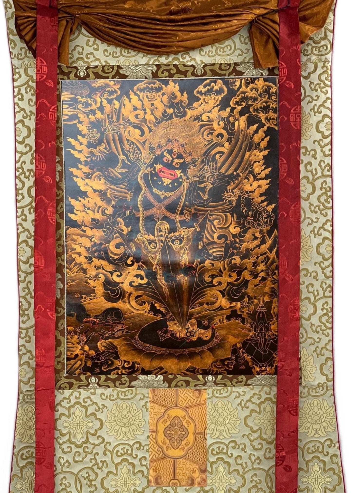 Guru Dragpur/Dragpo/ Vajra Armor Practice Nyingma Tradition Original Hand - painted Oil Varnished Tibetan Thangka Painting with Silk Brocade - Tibetan Thangka Art