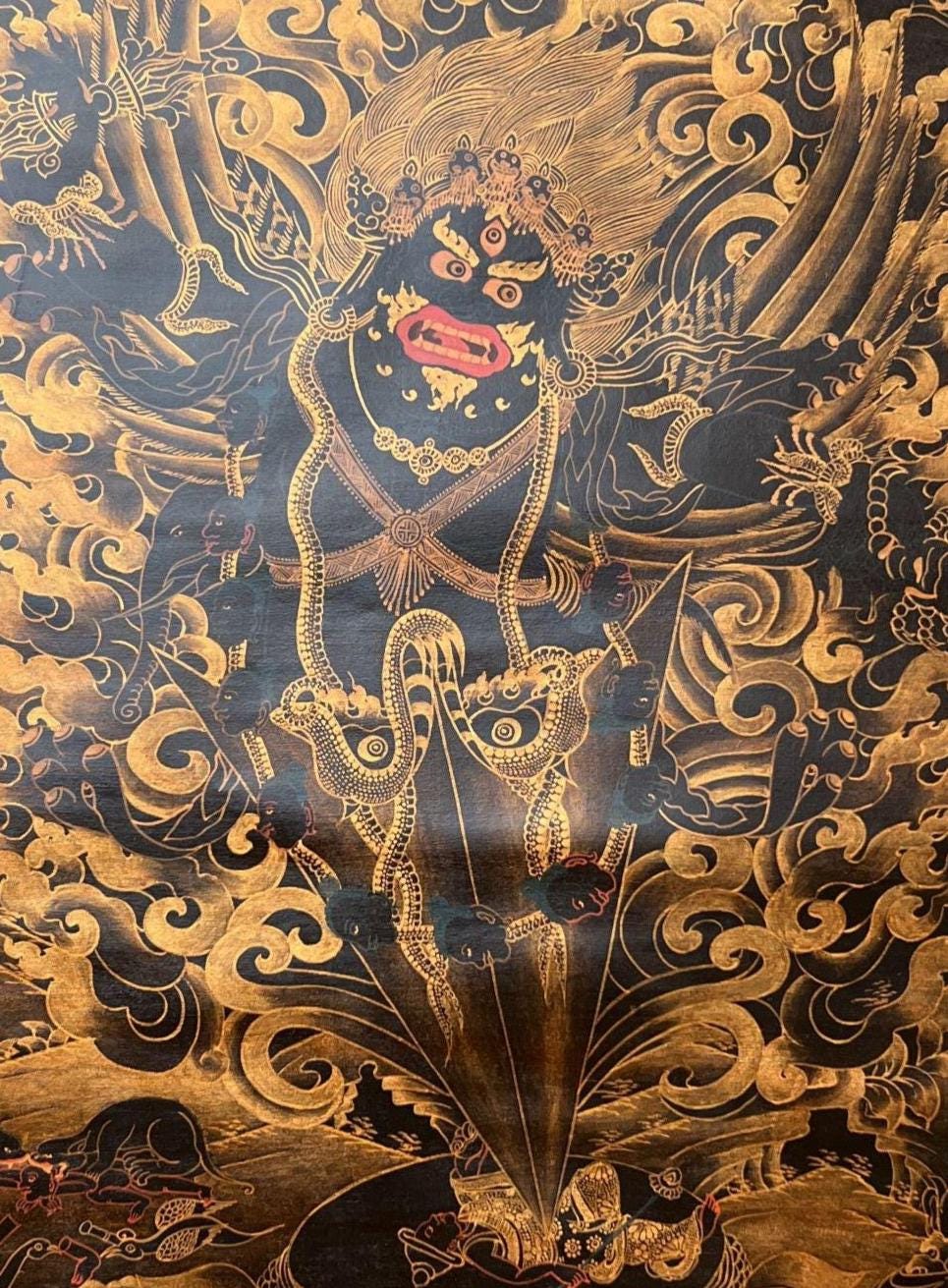 Guru Dragpur/Dragpo/ Vajra Armor Practice Nyingma Tradition Original Hand - painted Oil Varnished Tibetan Thangka Painting with Silk Brocade - Tibetan Thangka Art