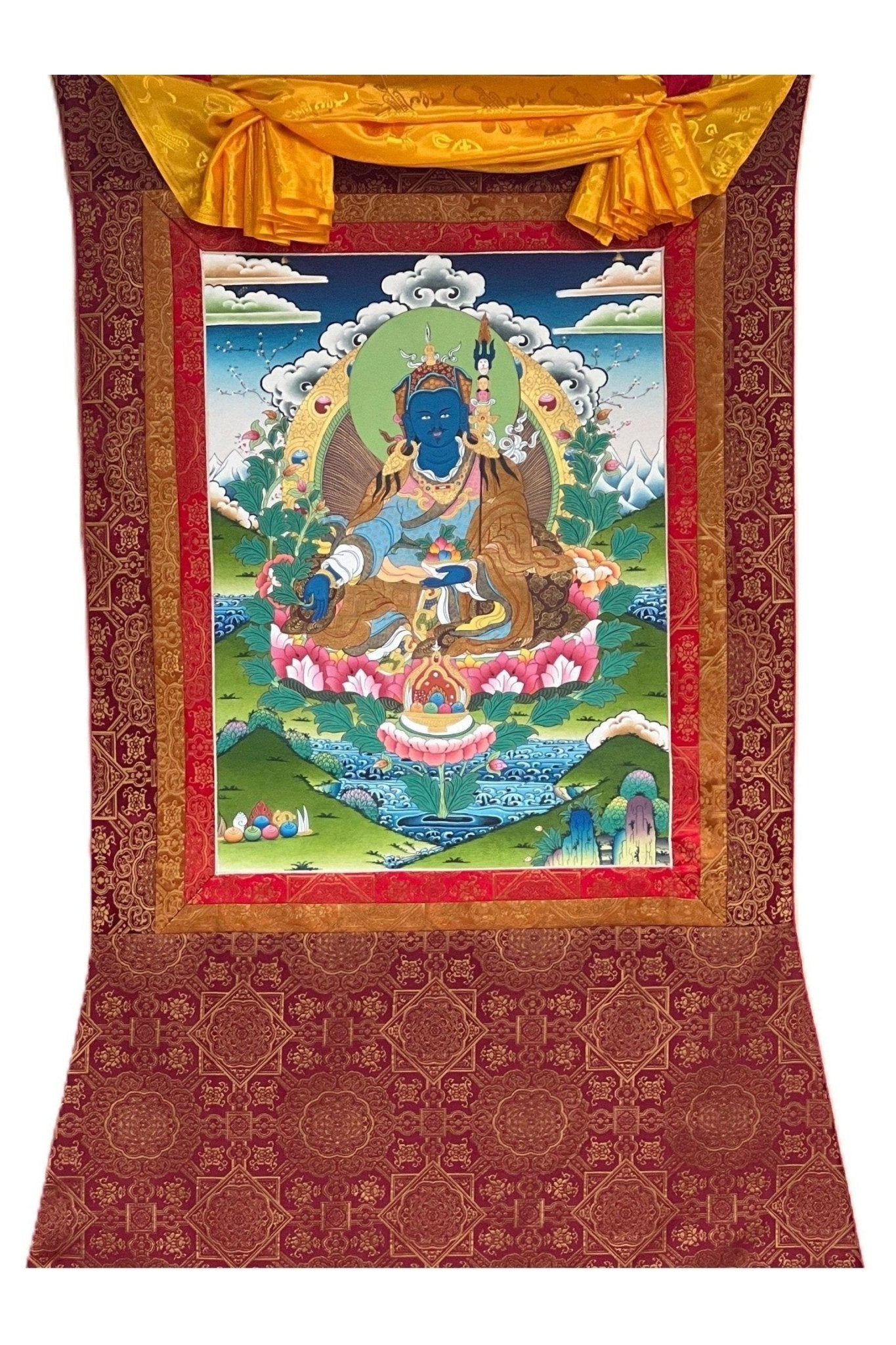 Guru Orgyen Menla/ Guru Rinpoche of Medicine Masterpiece Gold Original Tibetan Thangka Painting with High - quality Silk Brocade - Tibetan Thangka Art