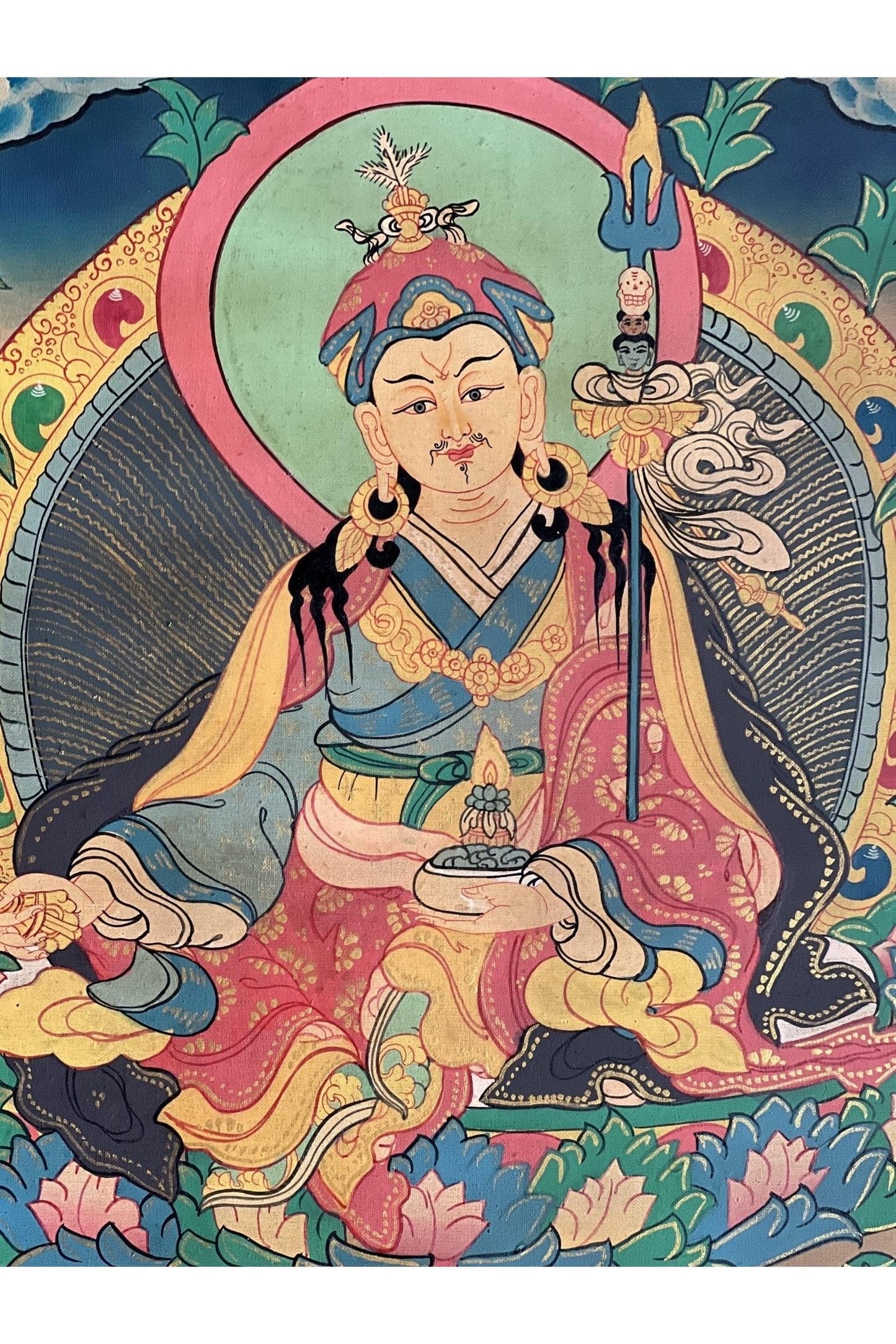 Guru Padmasambhava/ Guru Rinpoche Semi - Old Tibetan Thangka Painting/ Original Hand Painting Buddhist Meditation Art with Silk Brocade - Tibetan Thangka Art