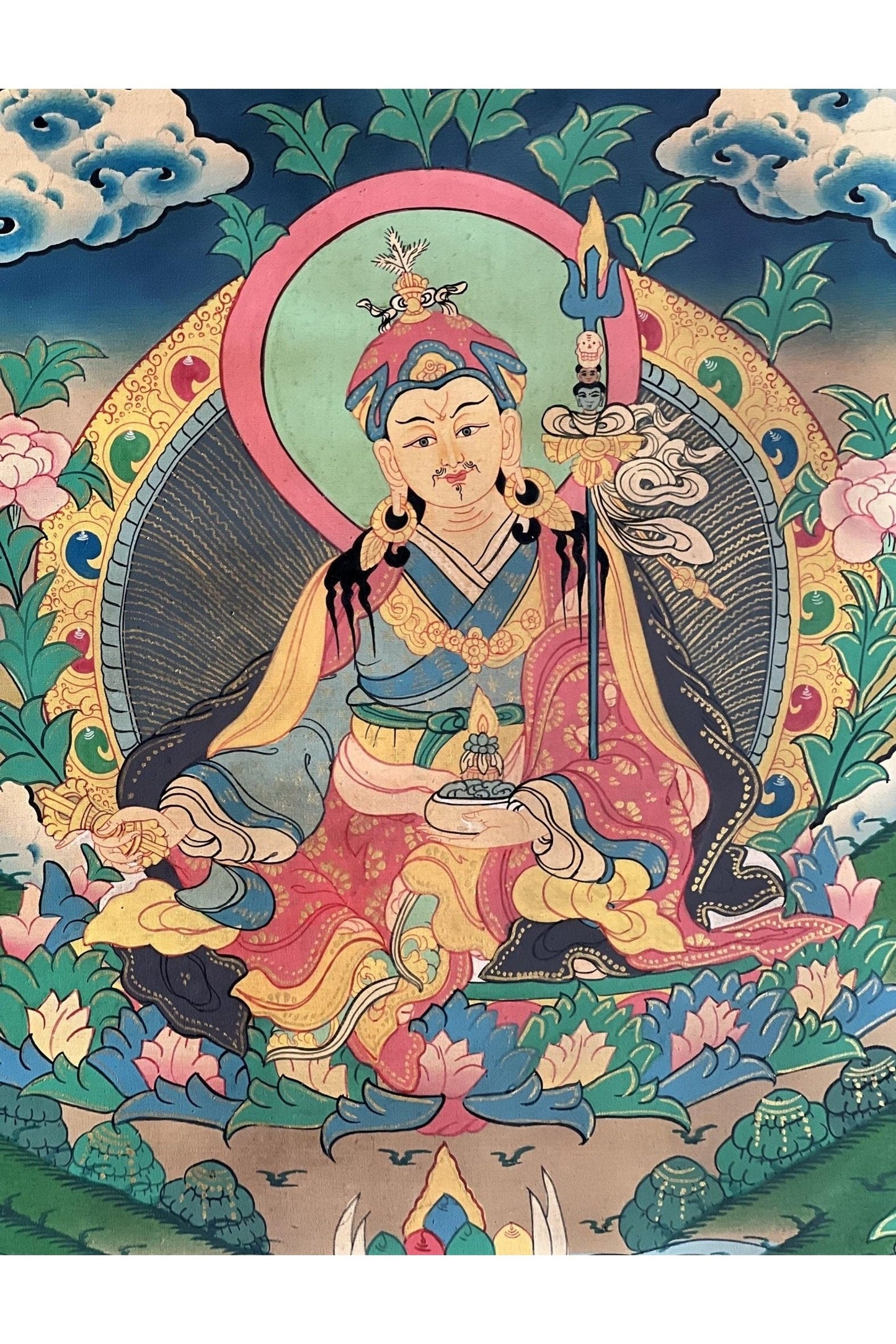 Guru Padmasambhava/ Guru Rinpoche Semi - Old Tibetan Thangka Painting/ Original Hand Painting Buddhist Meditation Art with Silk Brocade - Tibetan Thangka Art