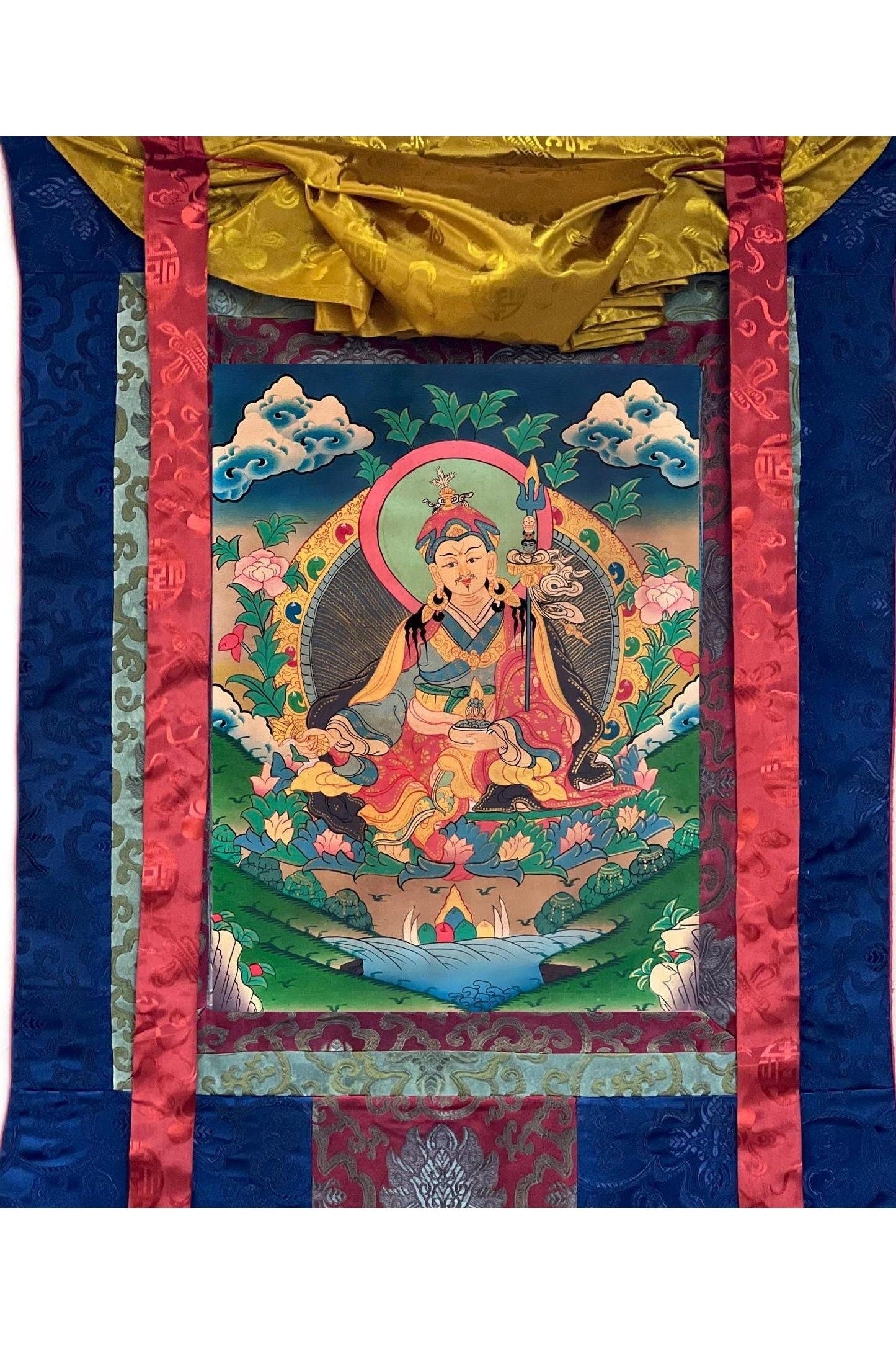 Guru Padmasambhava/ Guru Rinpoche Semi - Old Tibetan Thangka Painting/ Original Hand Painting Buddhist Meditation Art with Silk Brocade - Tibetan Thangka Art