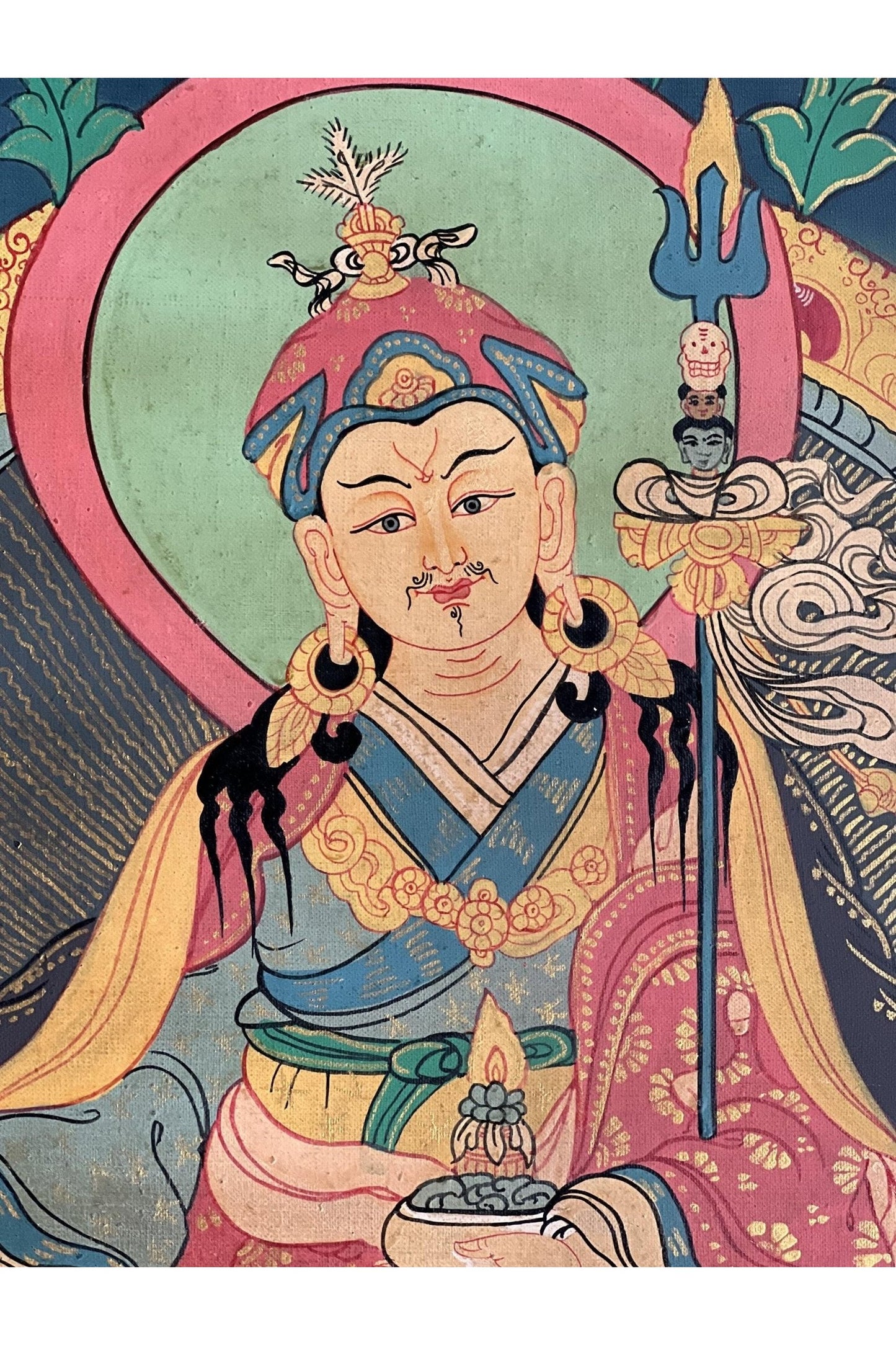 Guru Padmasambhava/ Guru Rinpoche Semi - Old Tibetan Thangka Painting/ Original Hand Painting Buddhist Meditation Art with Silk Brocade - Tibetan Thangka Art