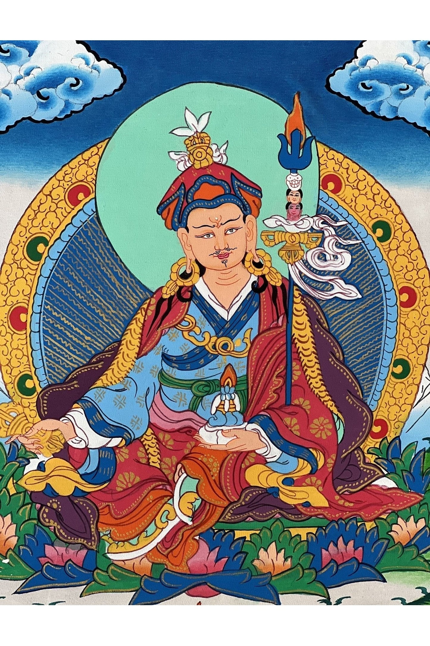 Guru Padmasambhava/Guru Rinpoche Tibetan Thangka Painting, Original Art with Silk Brocade - Tibetan Thangka Art