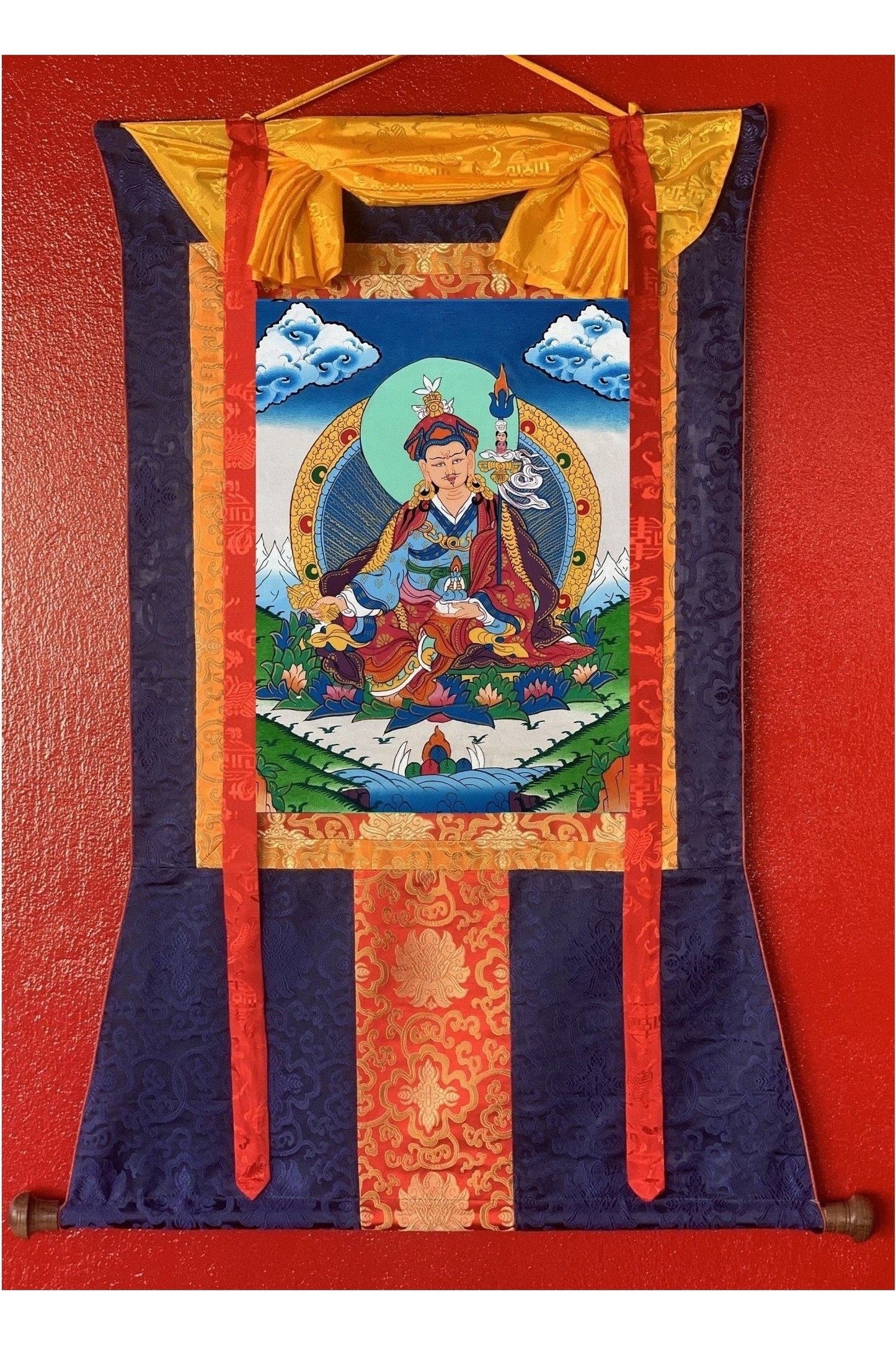 Guru Padmasambhava/Guru Rinpoche Tibetan Thangka Painting, Original Art with Silk Brocade - Tibetan Thangka Art