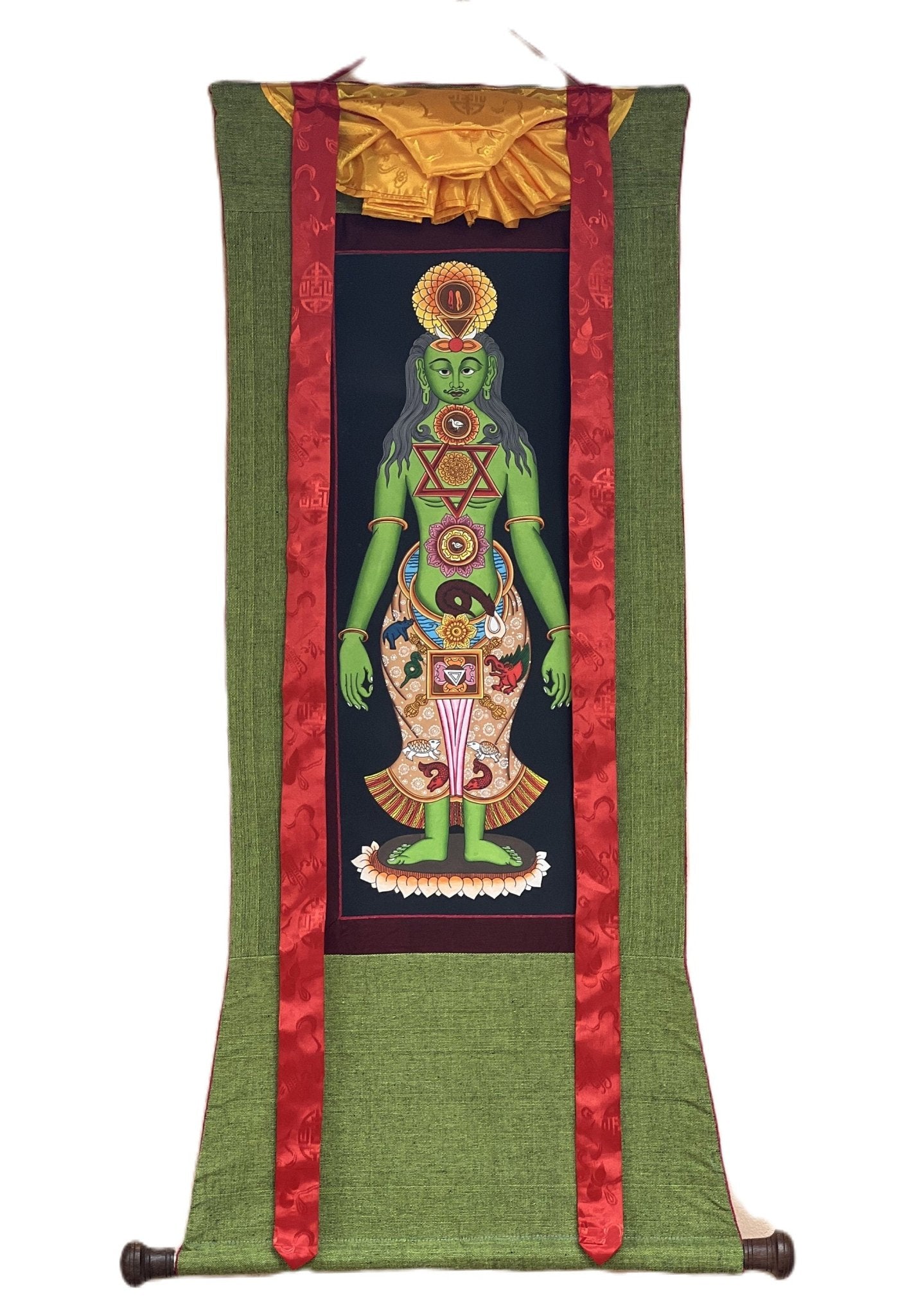 Hand - painted 7 Chakra Yogic Chakra Kundalini Healing Original Tibetan Thangka Panting with Cotton Brocade - Tibetan Thangka Art