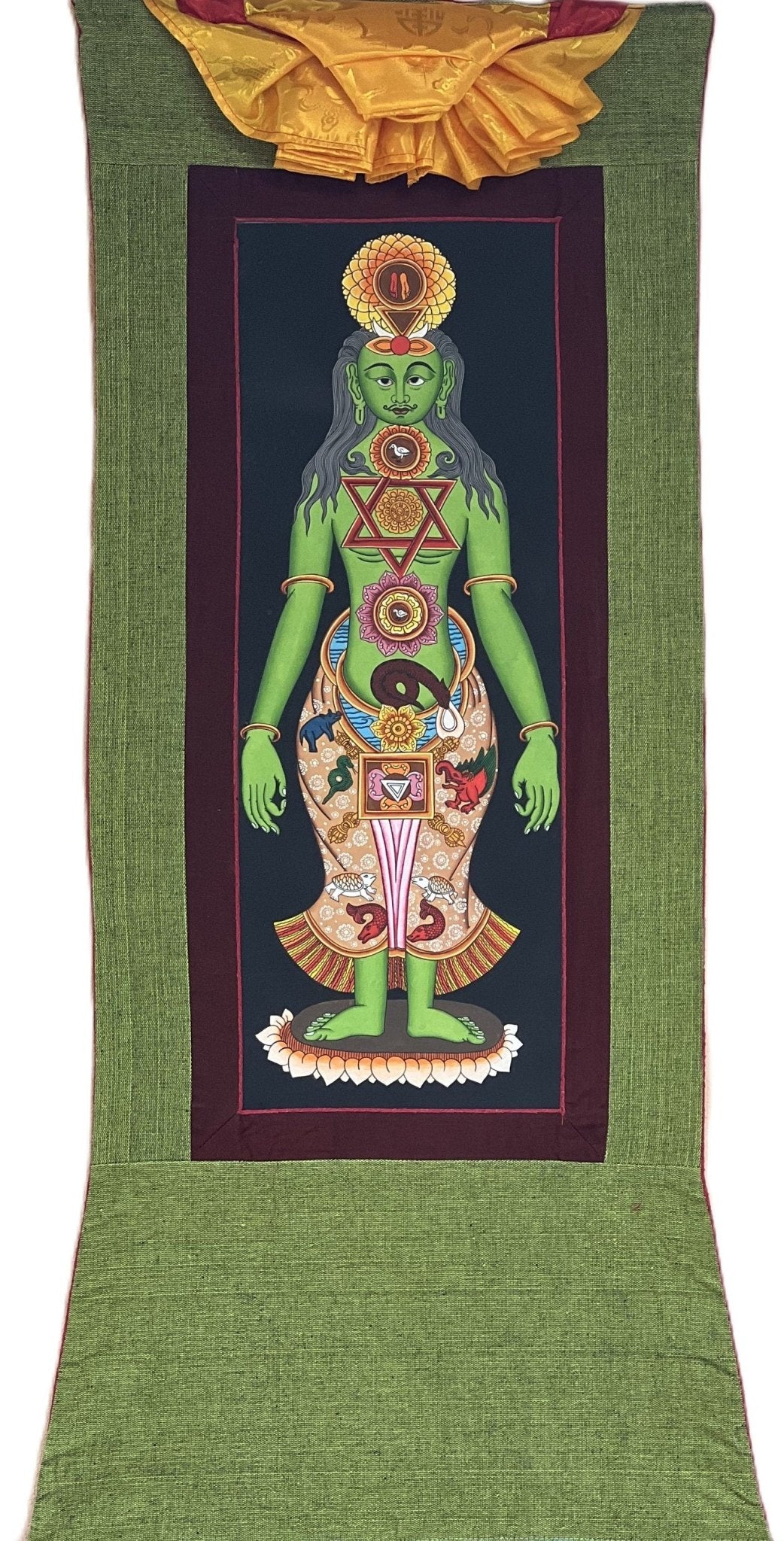 Hand - painted 7 Chakra Yogic Chakra Kundalini Healing Original Tibetan Thangka Panting with Cotton Brocade - Tibetan Thangka Art