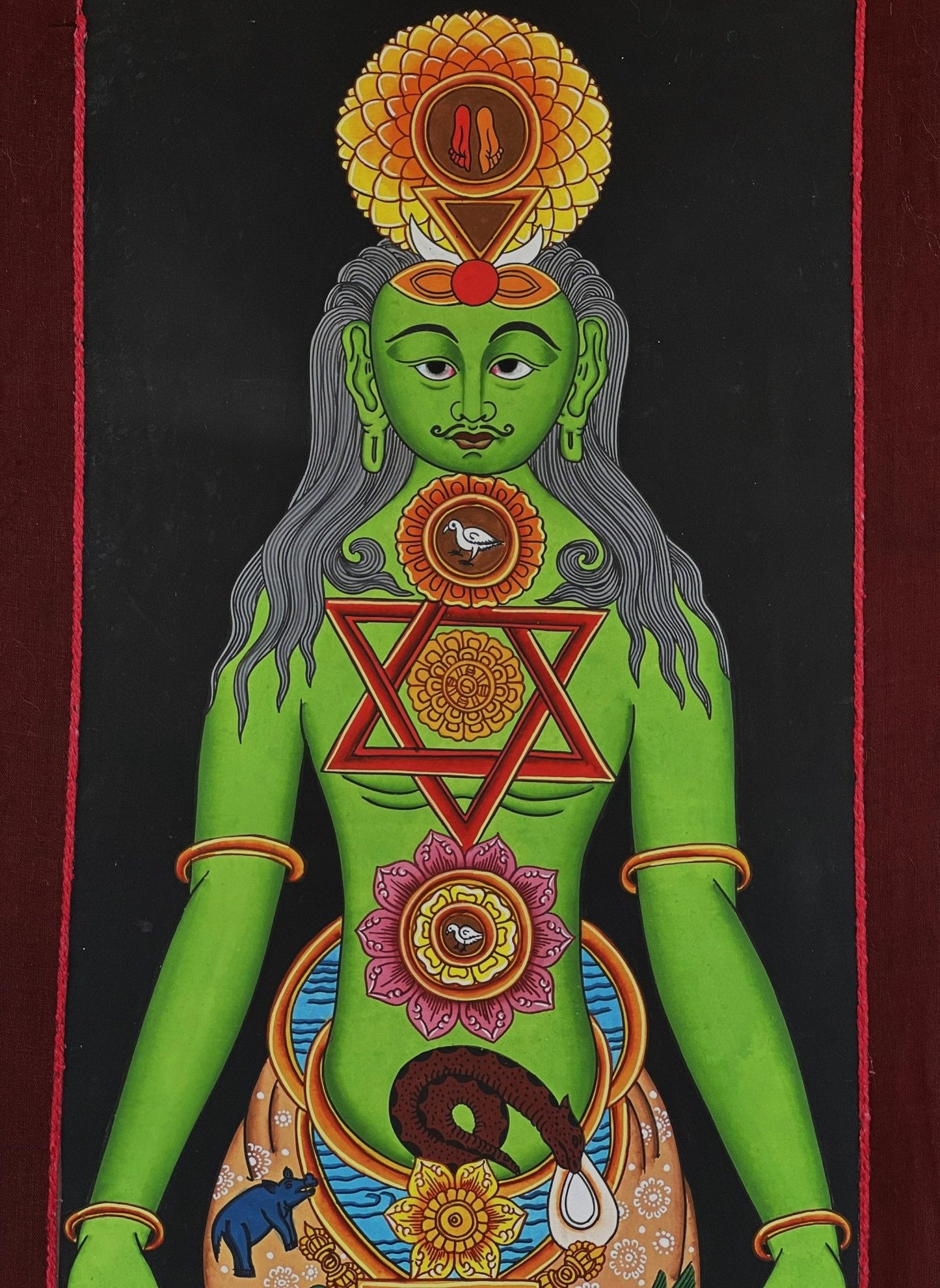 Hand - painted 7 Chakra Yogic Chakra Kundalini Healing Original Tibetan Thangka Panting with Cotton Brocade - Tibetan Thangka Art