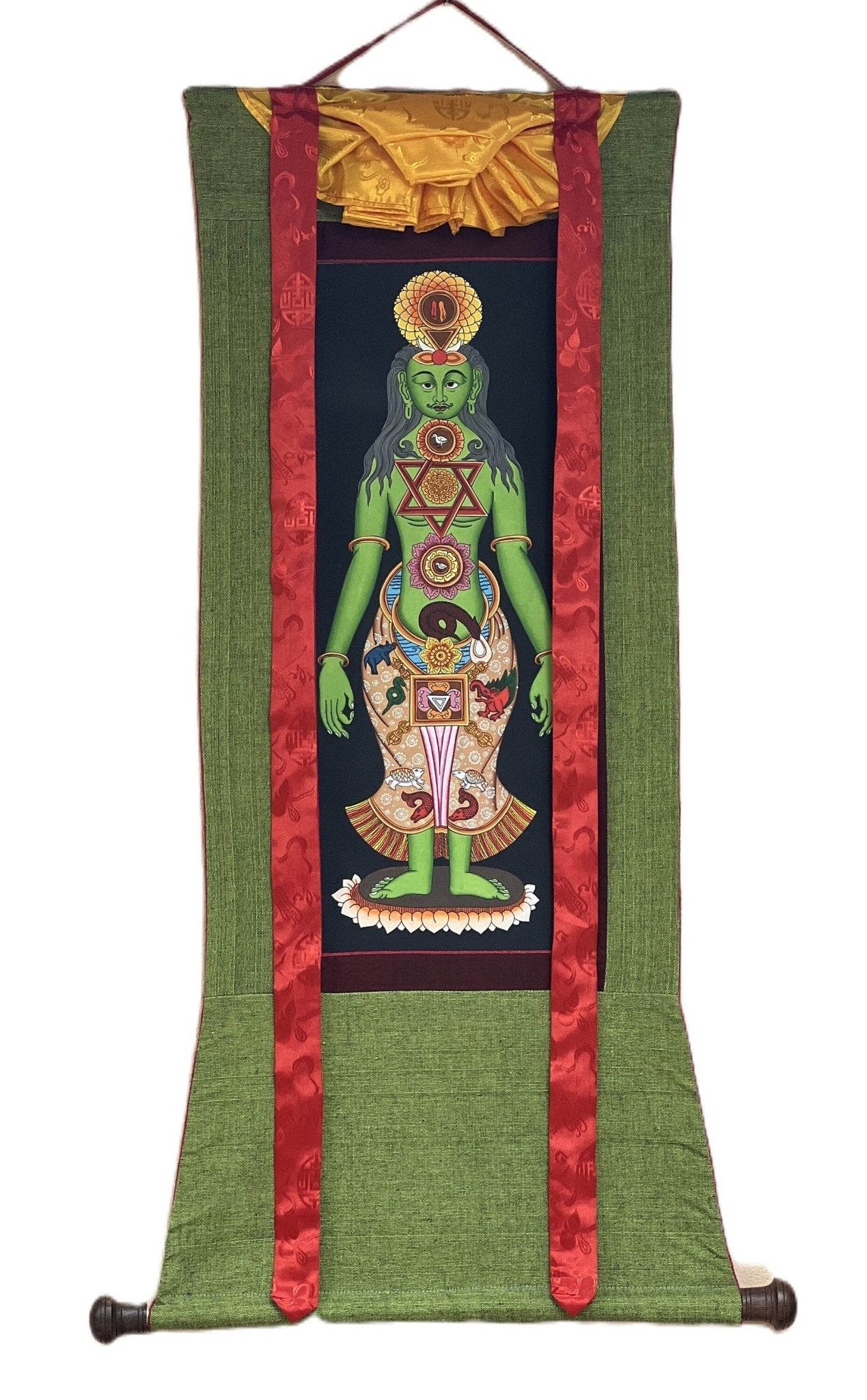 Hand - painted 7 Chakra Yogic Chakra Kundalini Healing Original Tibetan Thangka Panting with Cotton Brocade - Tibetan Thangka Art